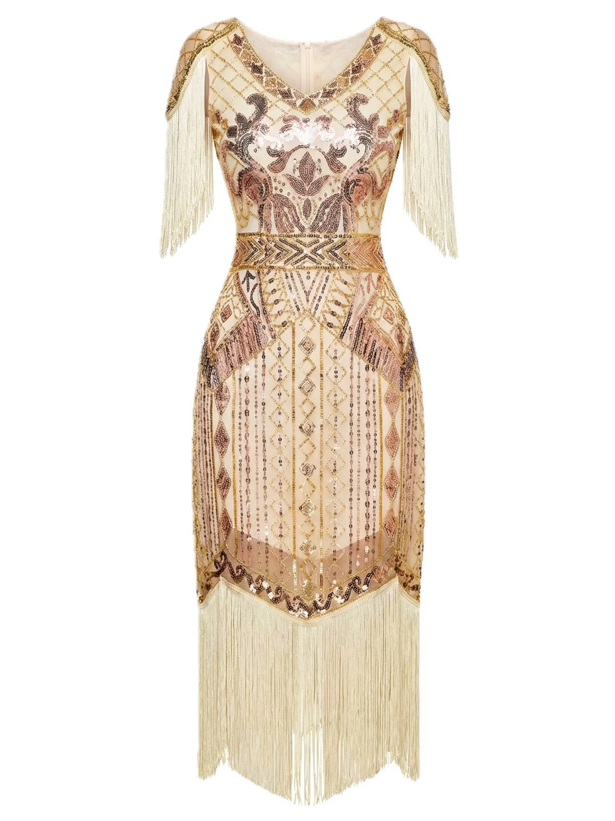 1920s Sequin Fringe Flapper V-Neck Dress - Image 2