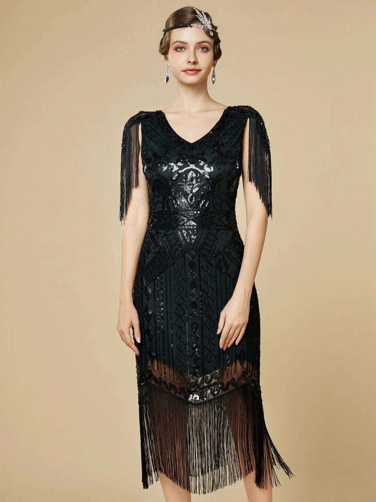 1920s Sequin Fringe Flapper V-Neck Dress - Image 3