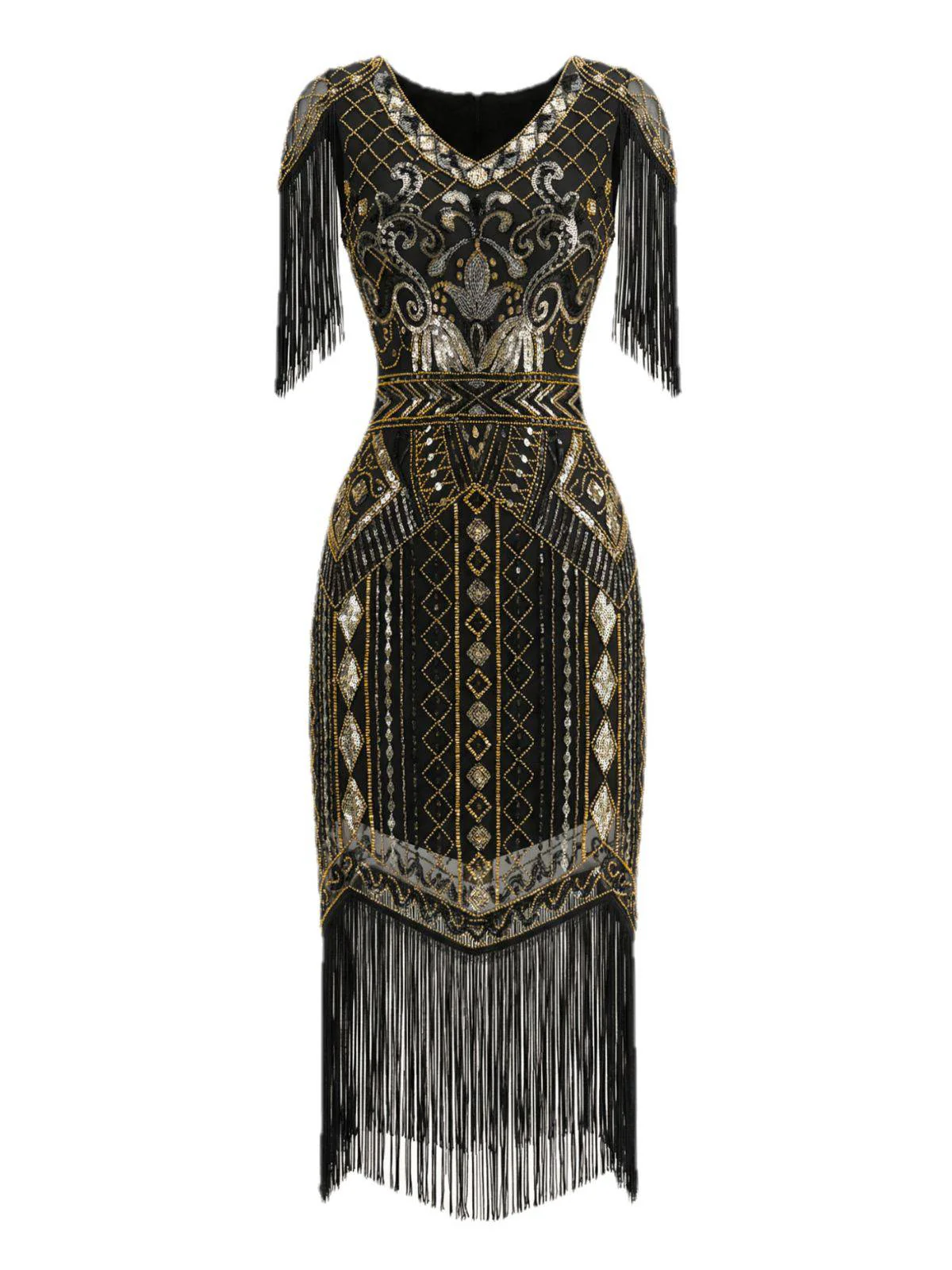 1920s Sequin Fringe Flapper V-Neck Dress - Image 4