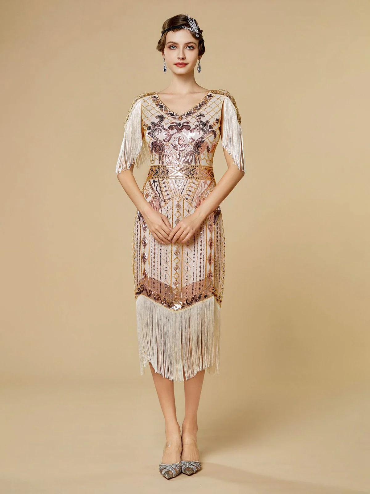 1920s Sequin Fringe Flapper V-Neck Dress - Image 8