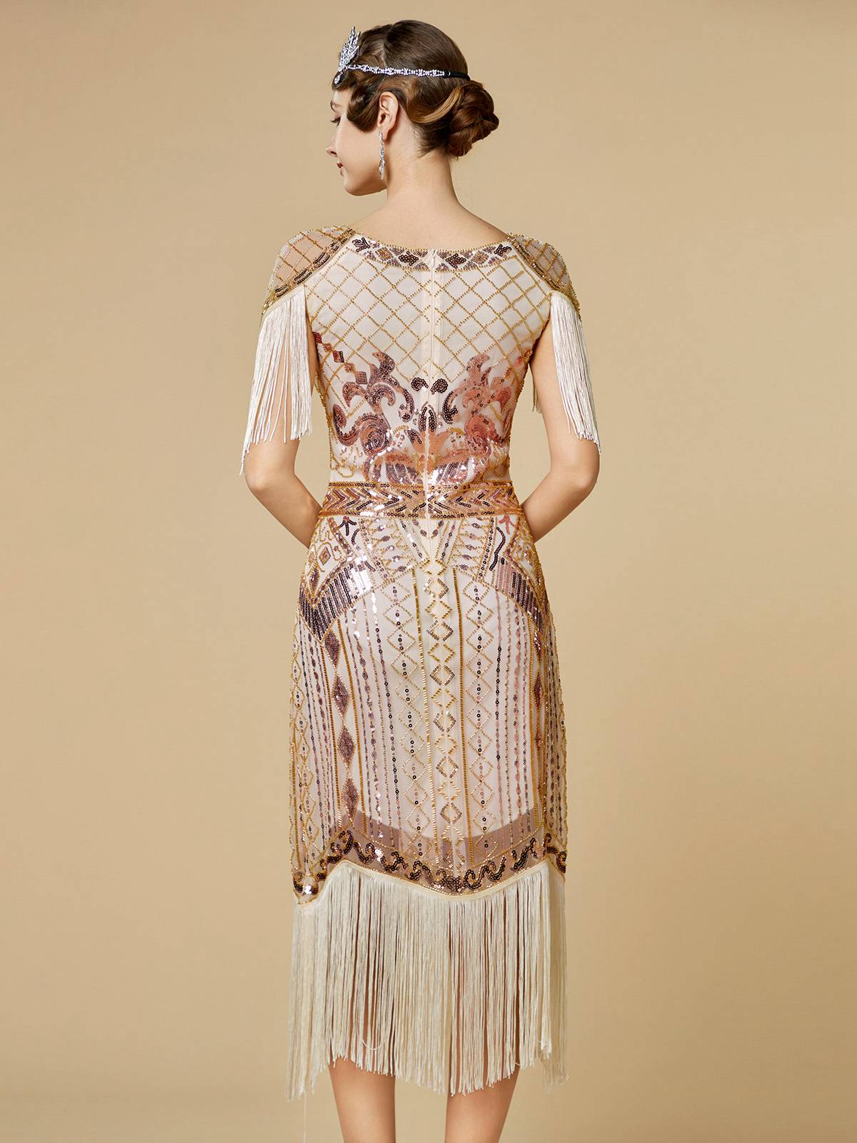 1920s Sequin Fringe Flapper V-Neck Dress - Image 9