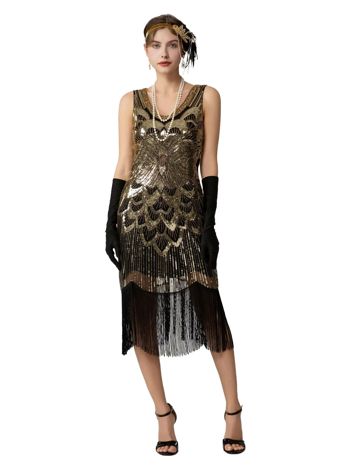 1920s Sequin Fringe Sleeveless U-Neck Flapper Dress - Image 10