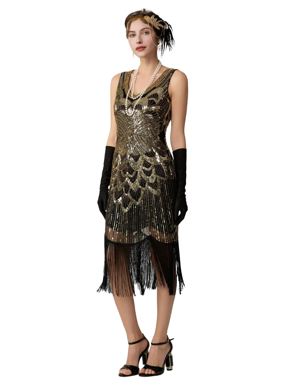 1920s Sequin Fringe Sleeveless U-Neck Flapper Dress - Image 12