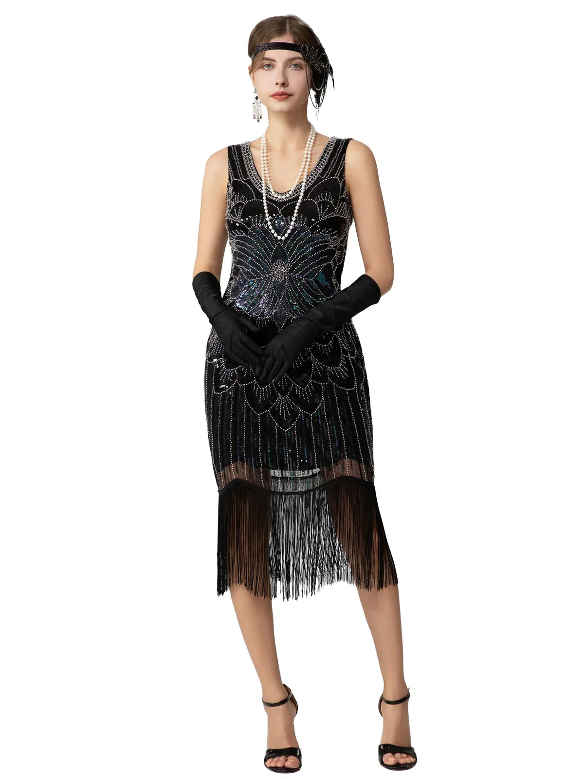 1920s Sequin Fringe Sleeveless U-Neck Flapper Dress - Image 2
