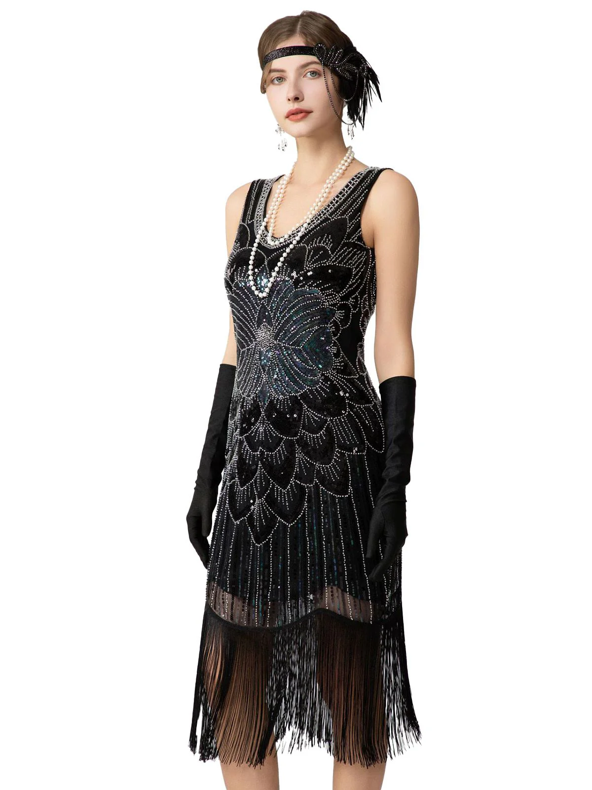1920s Sequin Fringe Sleeveless U-Neck Flapper Dress - Image 3