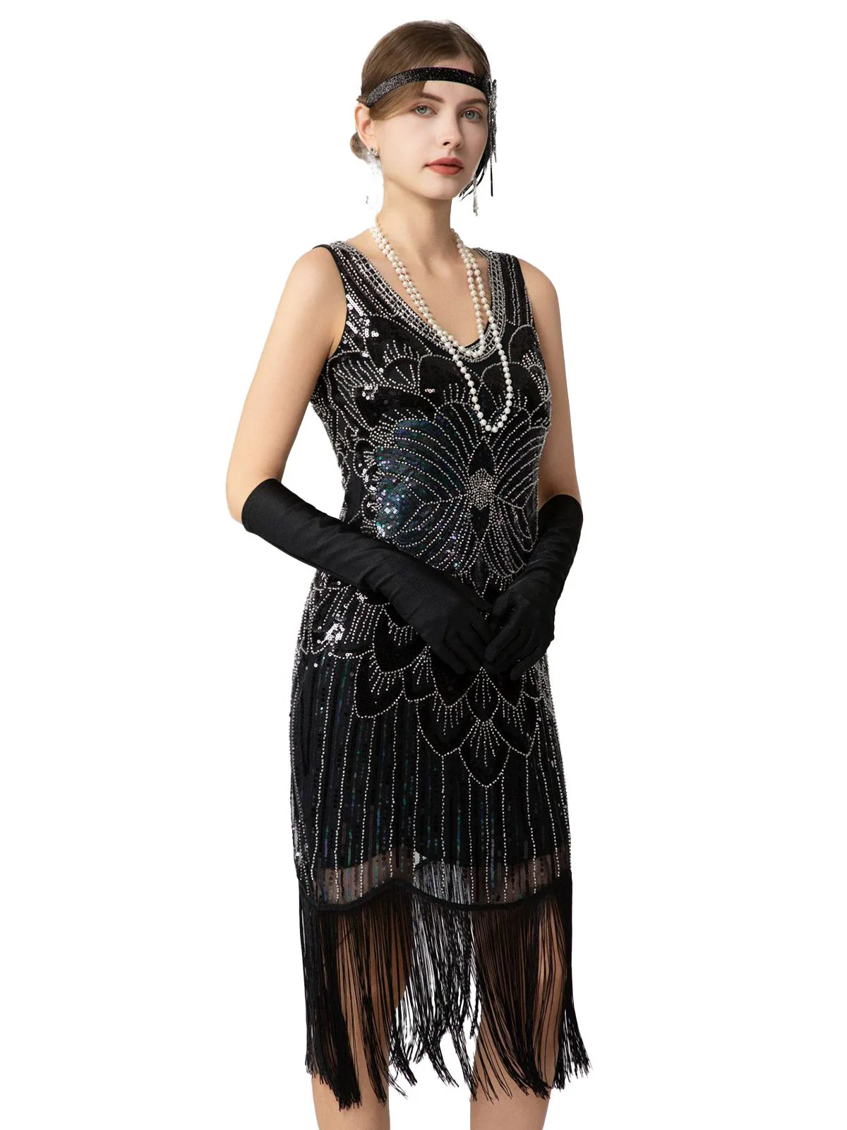1920s Sequin Fringe Sleeveless U-Neck Flapper Dress - Image 4
