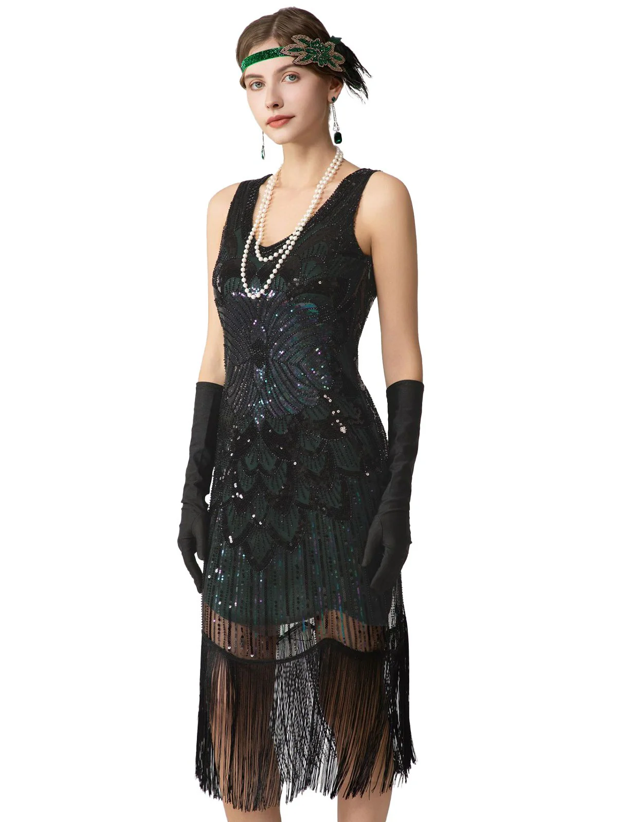 1920s Sequin Fringe Sleeveless U-Neck Flapper Dress - Image 6