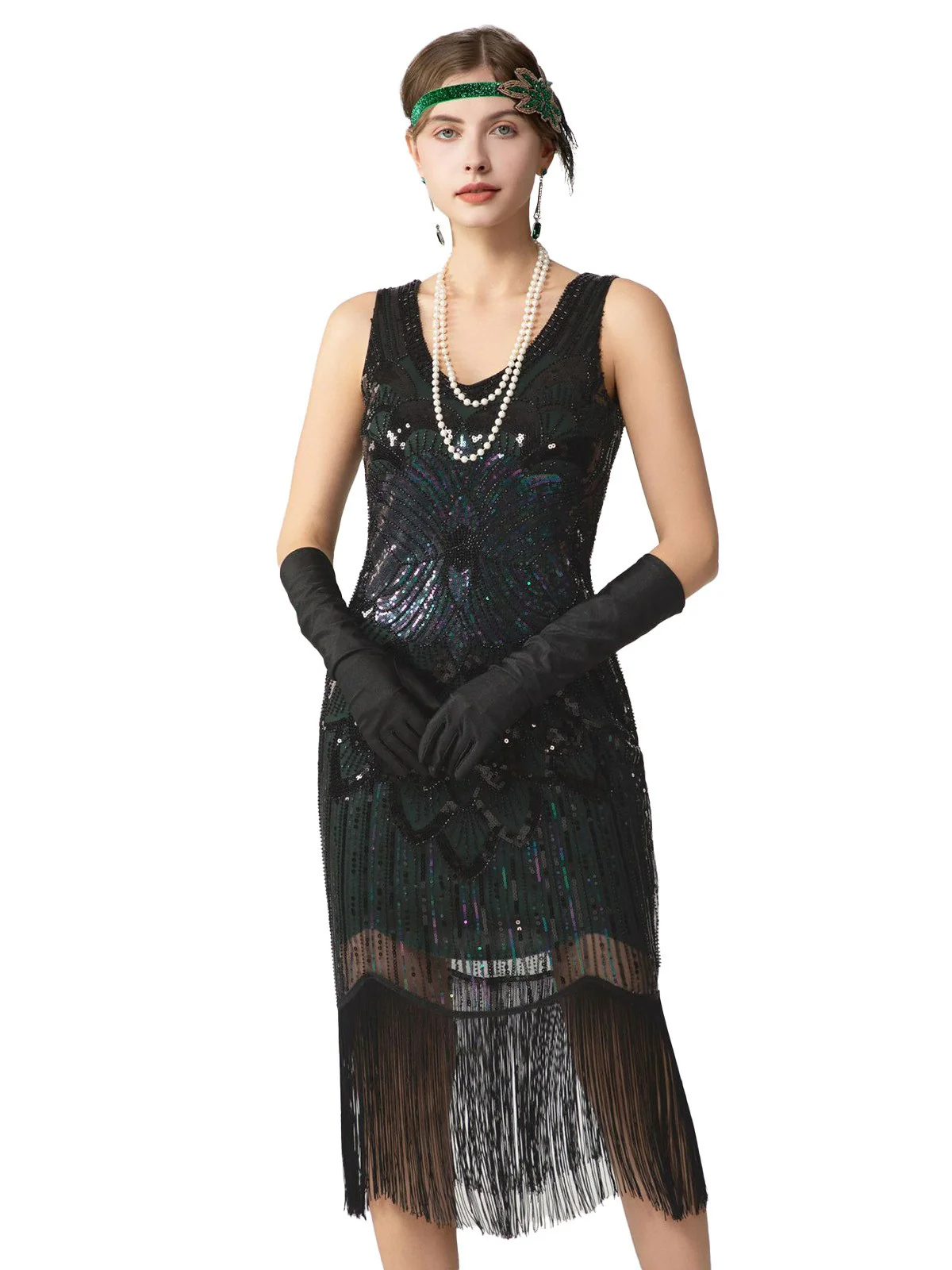 1920s Sequin Fringe Sleeveless U-Neck Flapper Dress - Image 7