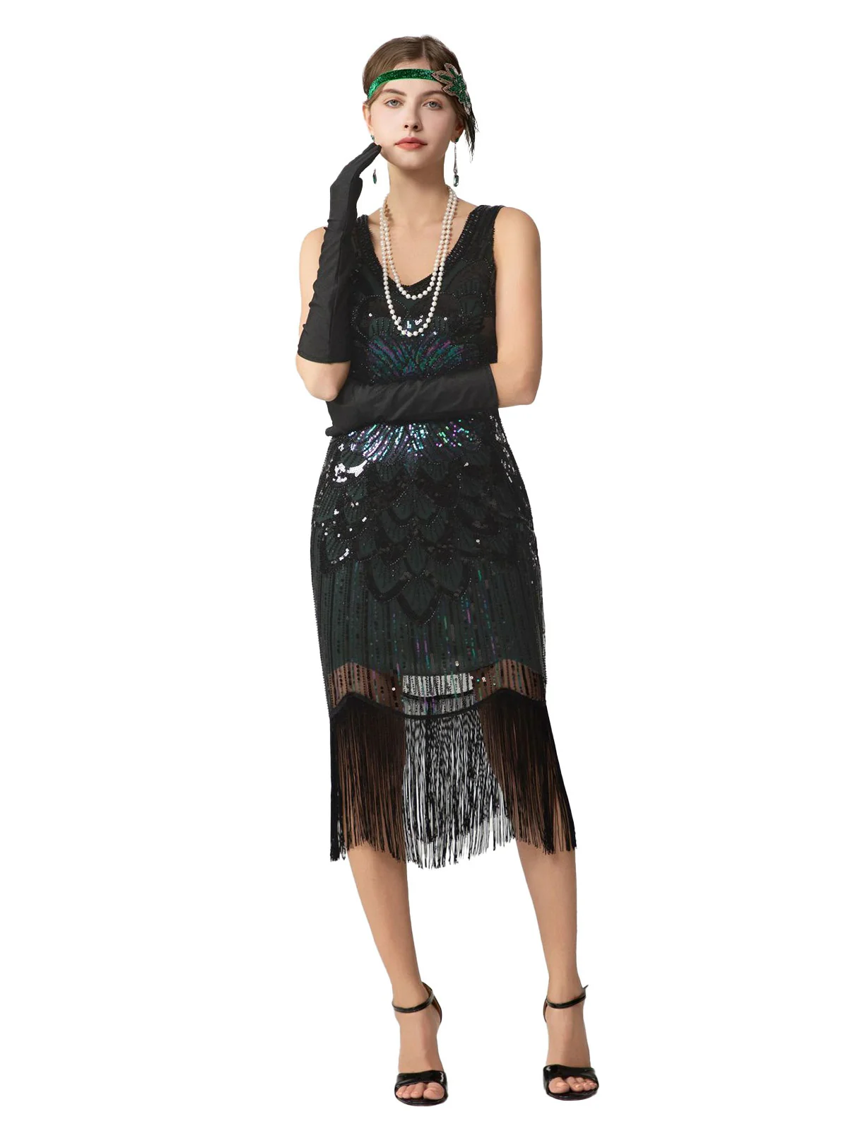 1920s Sequin Fringe Sleeveless U-Neck Flapper Dress - Image 8