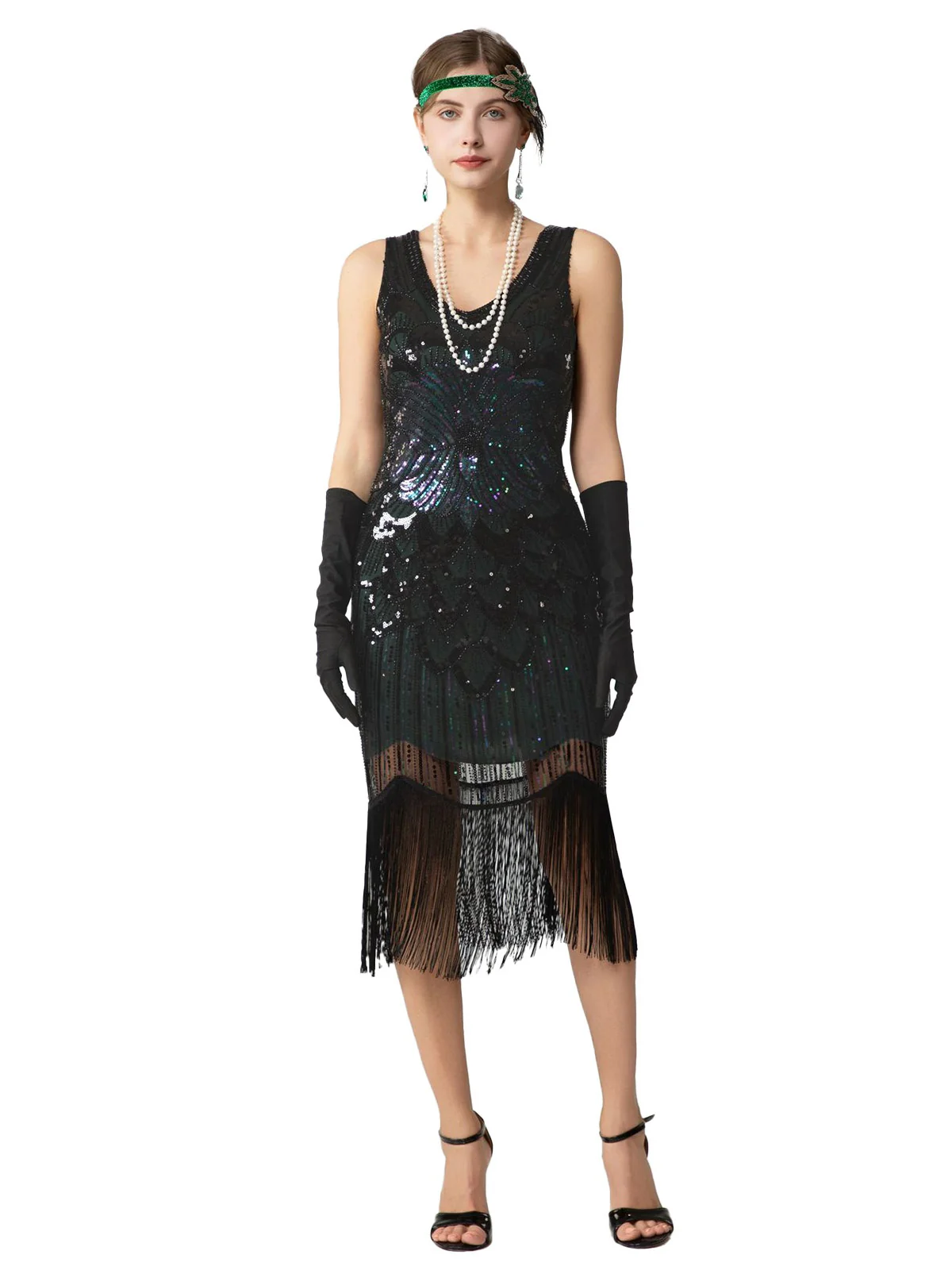 1920s Sequin Fringe Sleeveless U-Neck Flapper Dress - Image 9