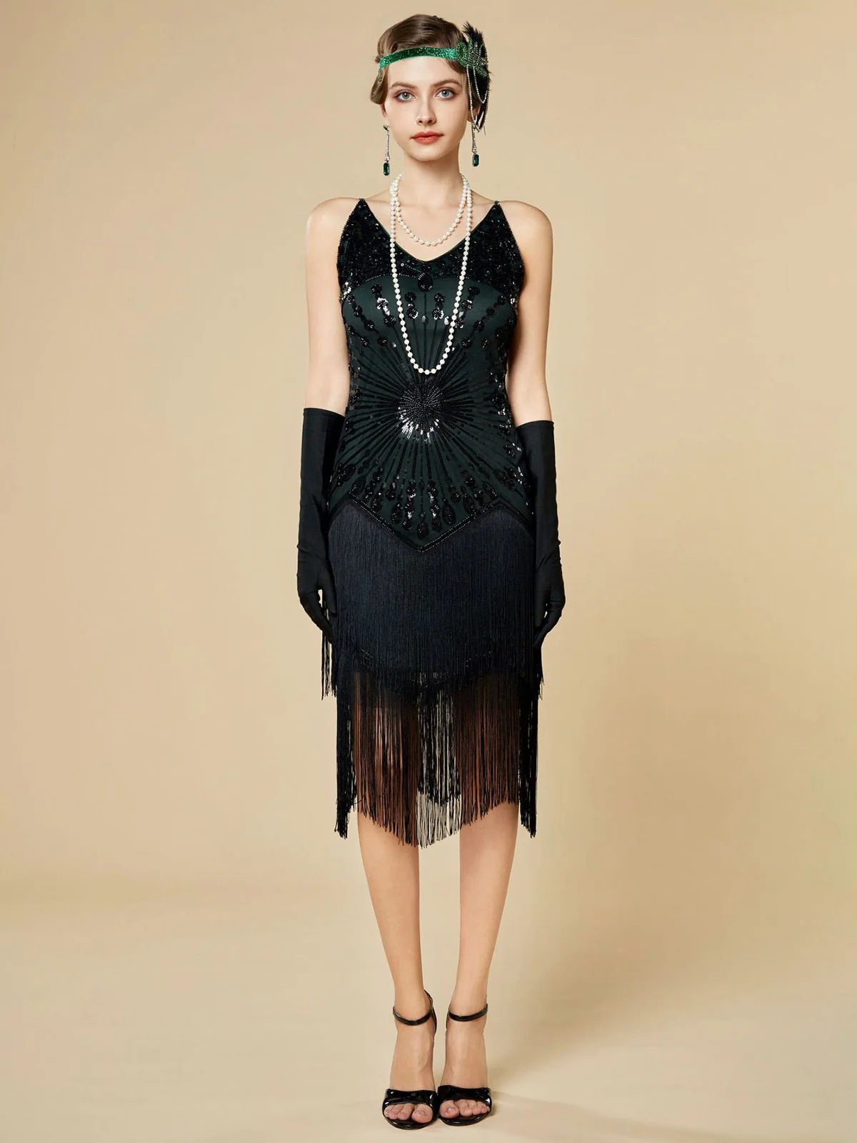 1920s Sequin Fringe Spaghetti Strap Flapper Dress - Image 11