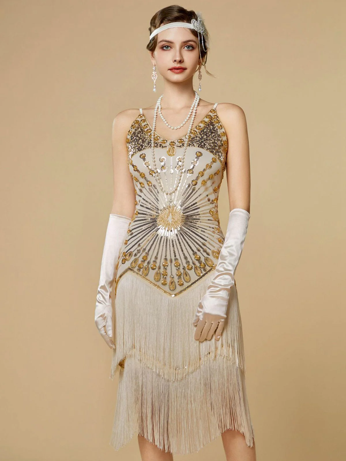1920s Sequin Fringe Spaghetti Strap Flapper Dress - Image 2