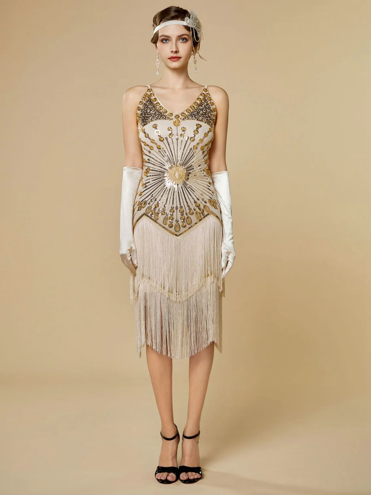 1920s Sequin Fringe Spaghetti Strap Flapper Dress - Image 5