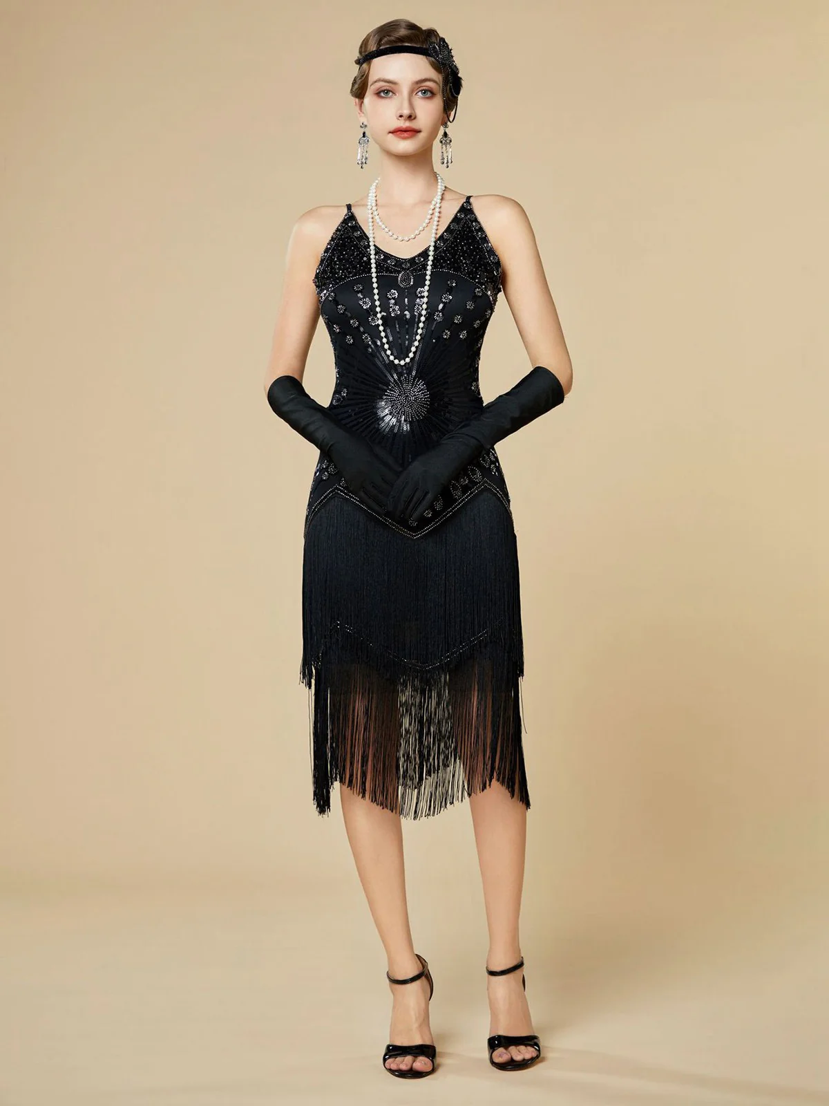 1920s Sequin Fringe Spaghetti Strap Flapper Dress - Image 8