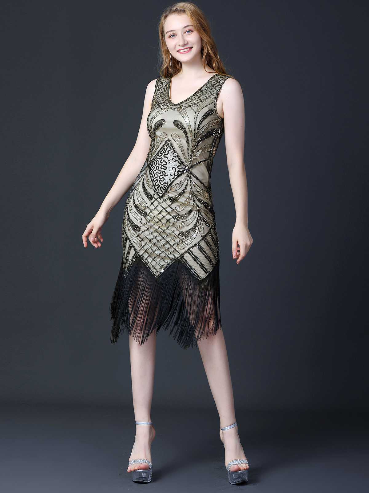1920s Sequined Fringe Flapper Sleeveless Dress - Image 10