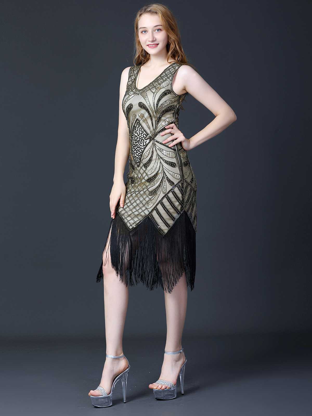 1920s Sequined Fringe Flapper Sleeveless Dress - Image 11