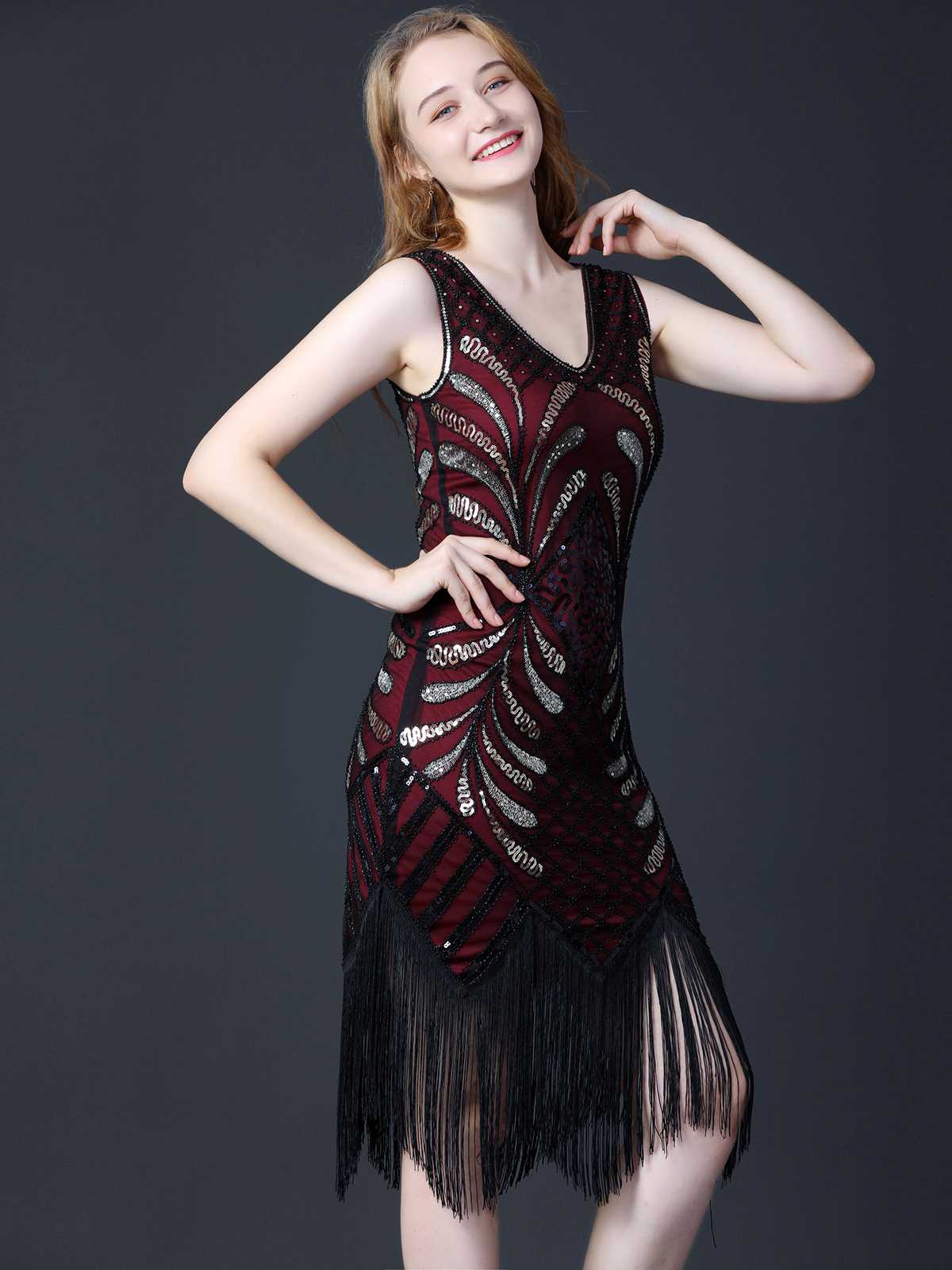 1920s Sequined Fringe Flapper Sleeveless Dress - Image 2