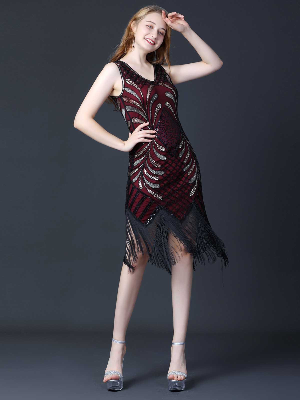 1920s Sequined Fringe Flapper Sleeveless Dress - Image 3