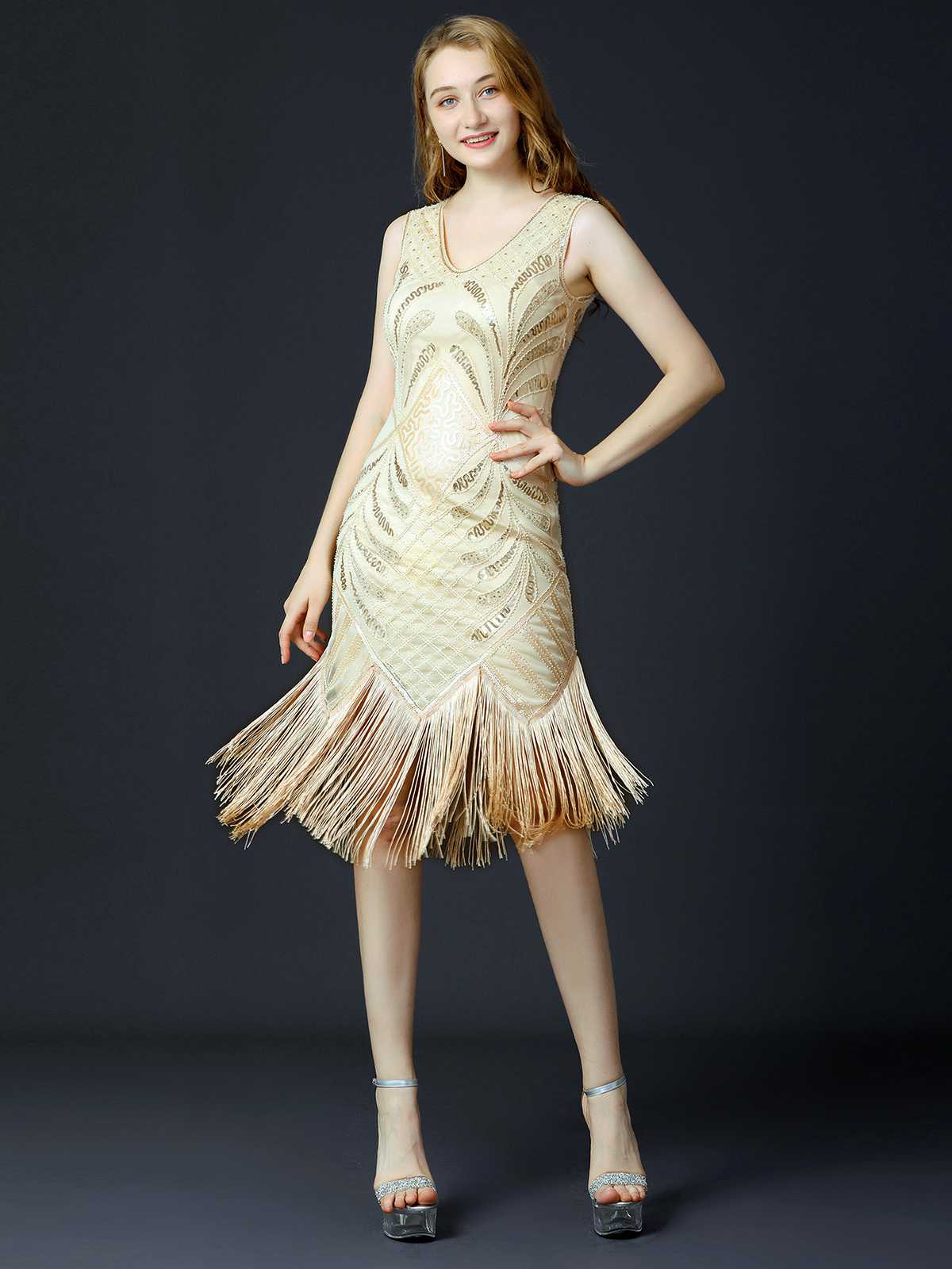 1920s Sequined Fringe Flapper Sleeveless Dress - Image 5