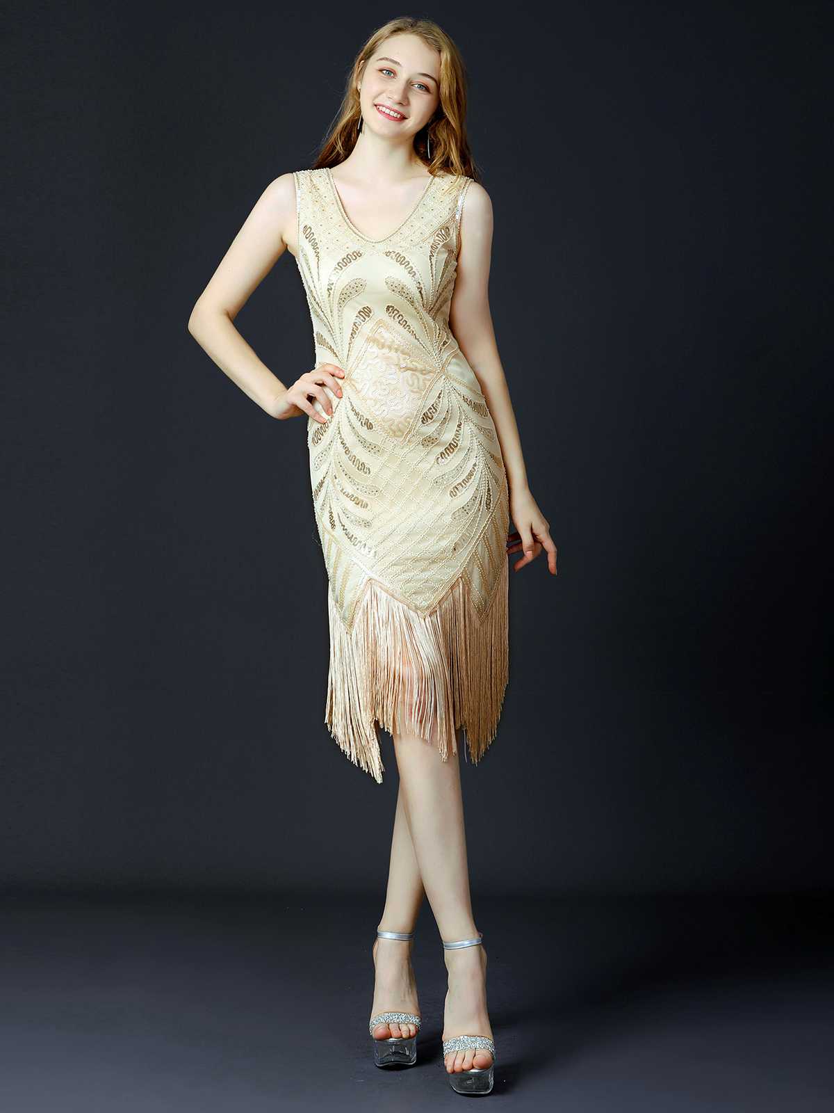 1920s Sequined Fringe Flapper Sleeveless Dress - Image 8