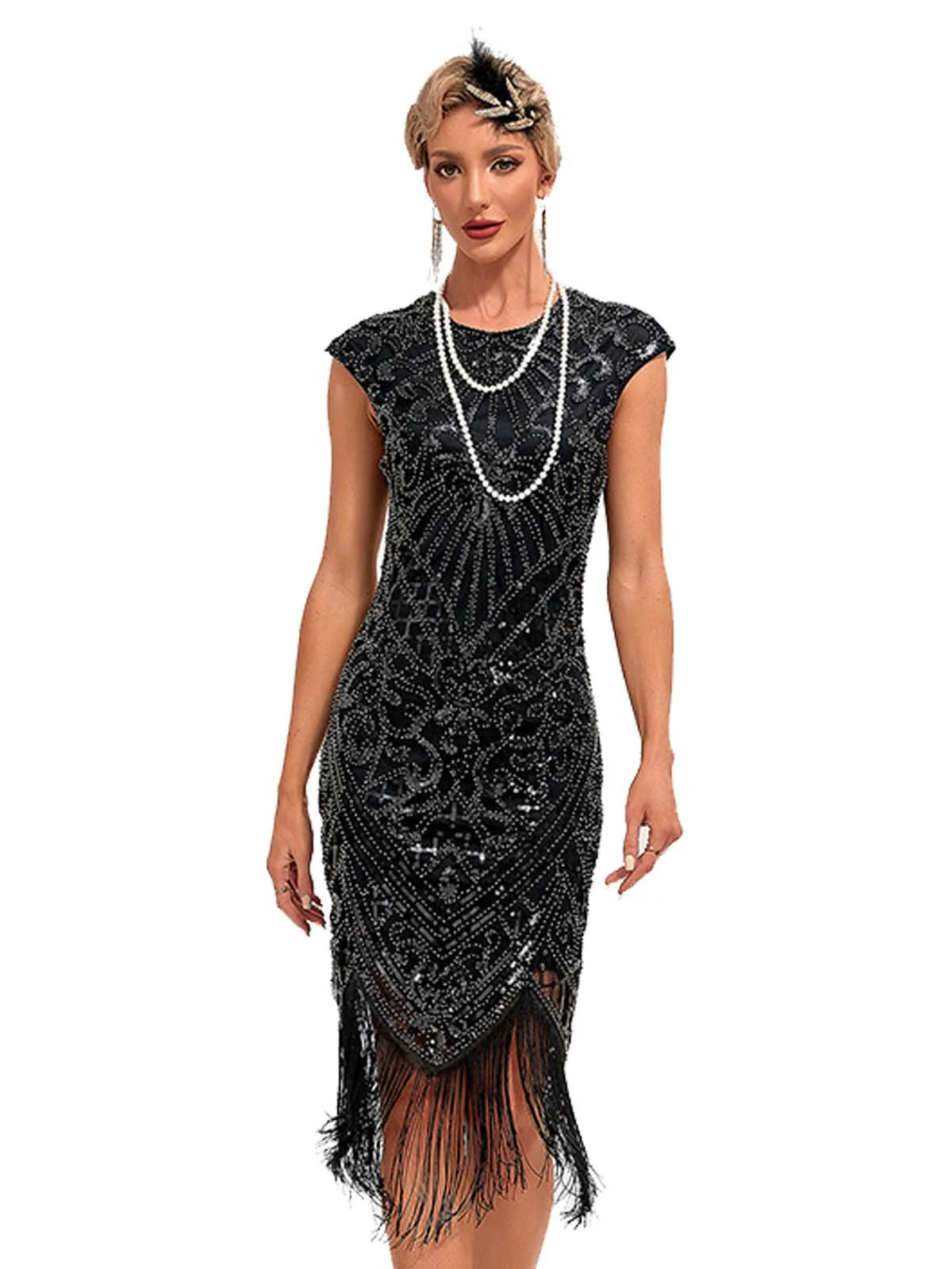 1920s Sequined Fringe Round Neck Cap Sleeve Dress - Image 2
