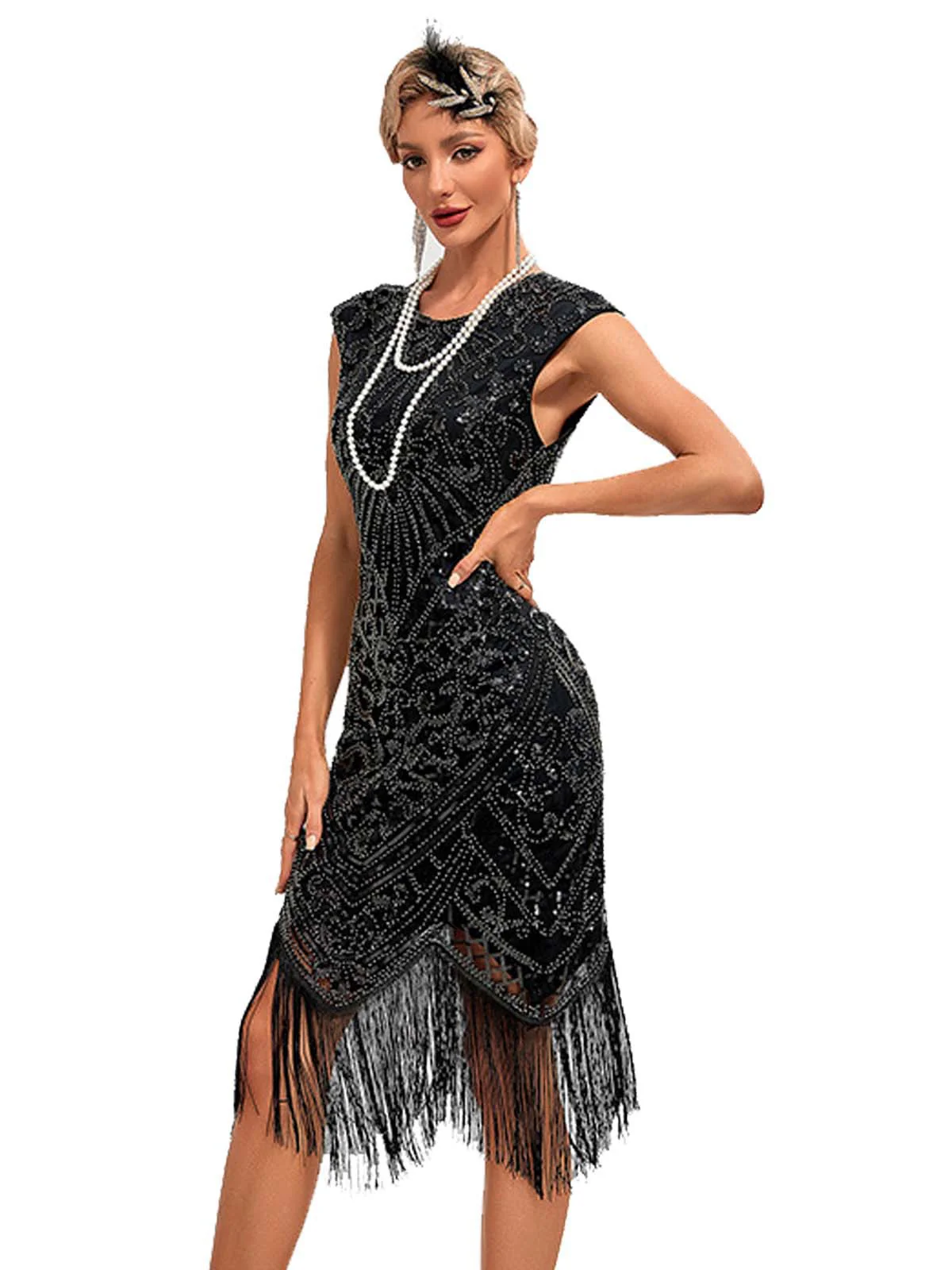 1920s Sequined Fringe Round Neck Cap Sleeve Dress - Image 3
