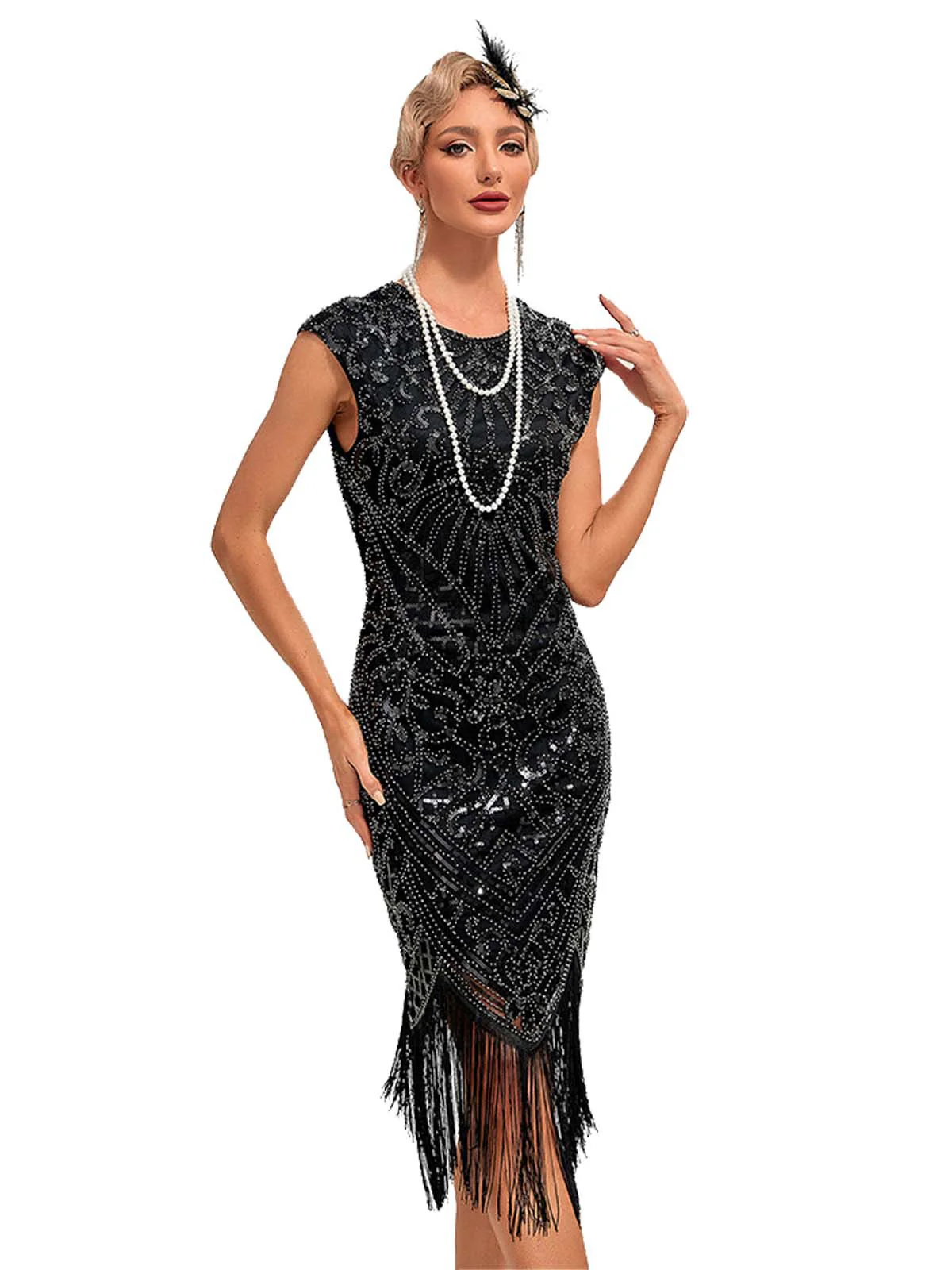 1920s Sequined Fringe Round Neck Cap Sleeve Dress - Image 4