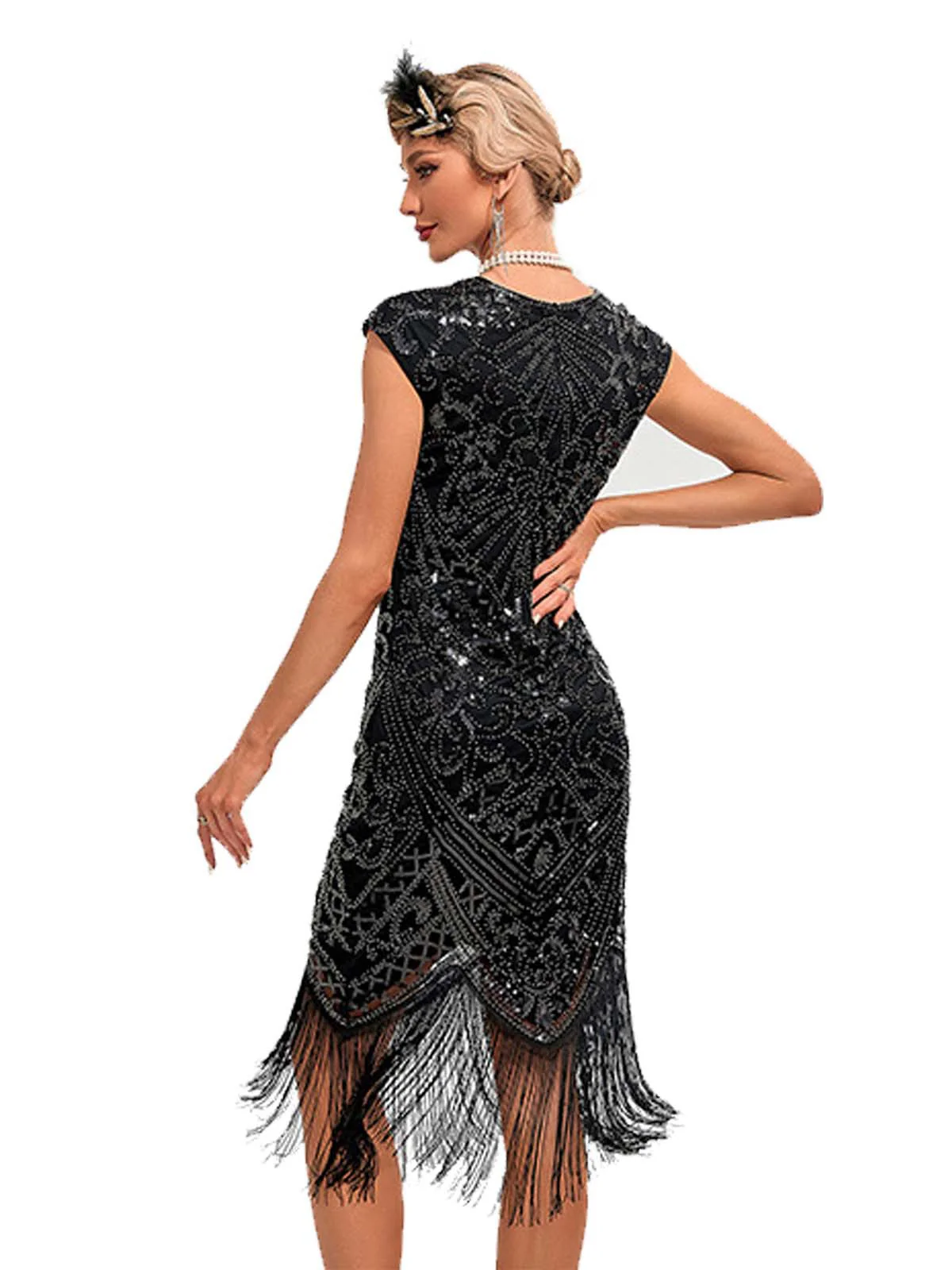 1920s Sequined Fringe Round Neck Cap Sleeve Dress - Image 5
