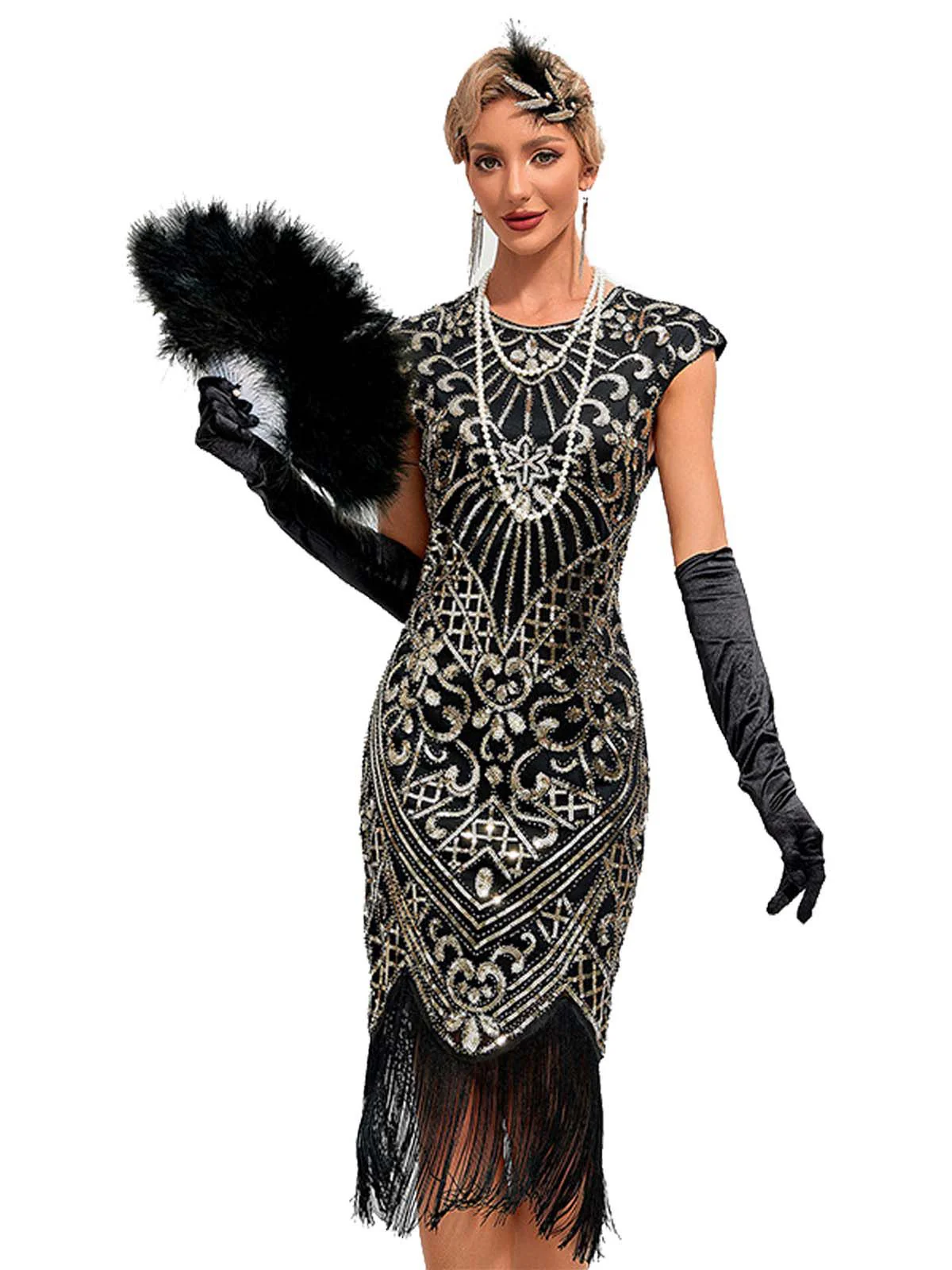 1920s Sequined Fringe Round Neck Cap Sleeve Dress - Image 6