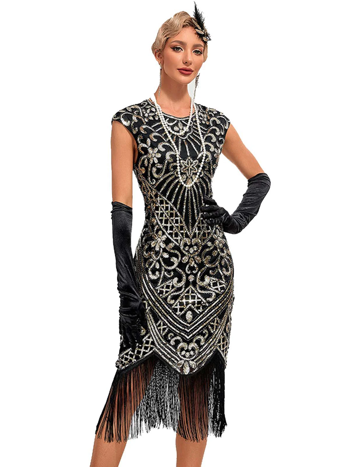 1920s Sequined Fringe Round Neck Cap Sleeve Dress - Image 7