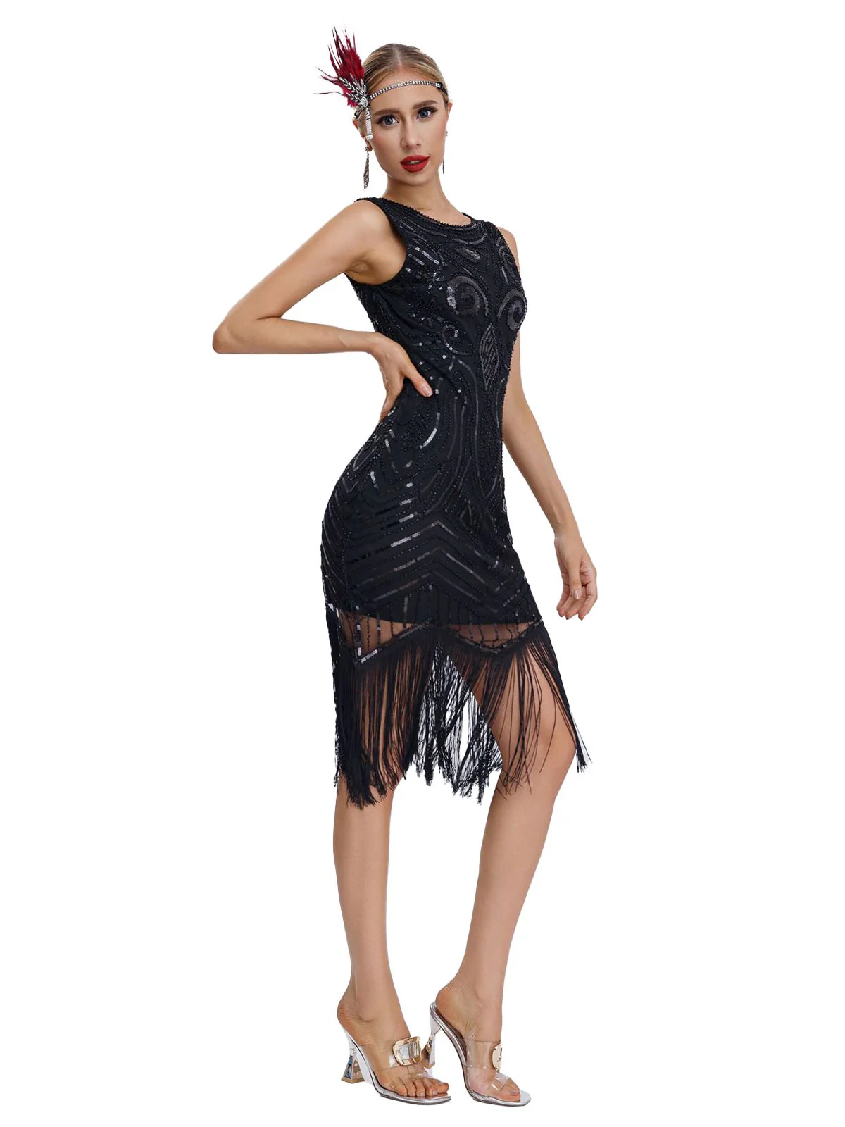 1920s Sequined Sleeveless Fringed Hem Dress - Image 2