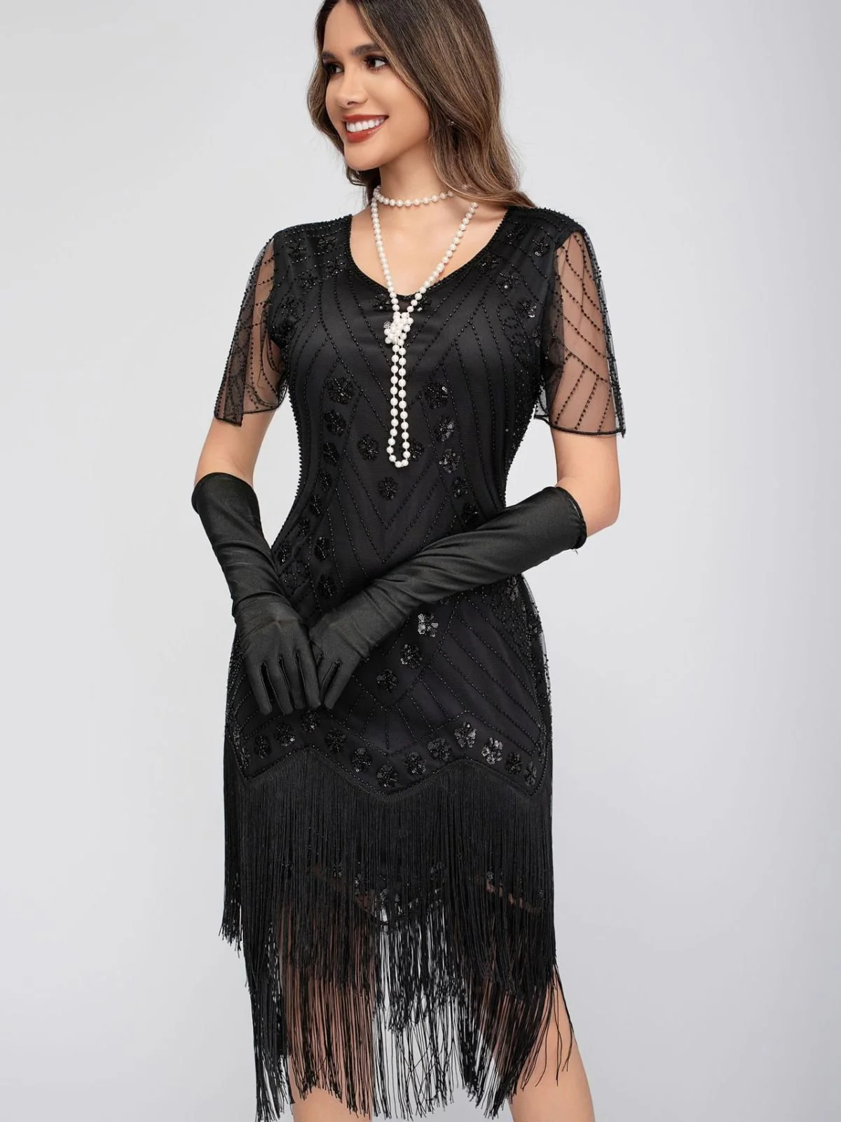 1920s Sequins Tassel Beading Cap Sleeve Dress - Image 2