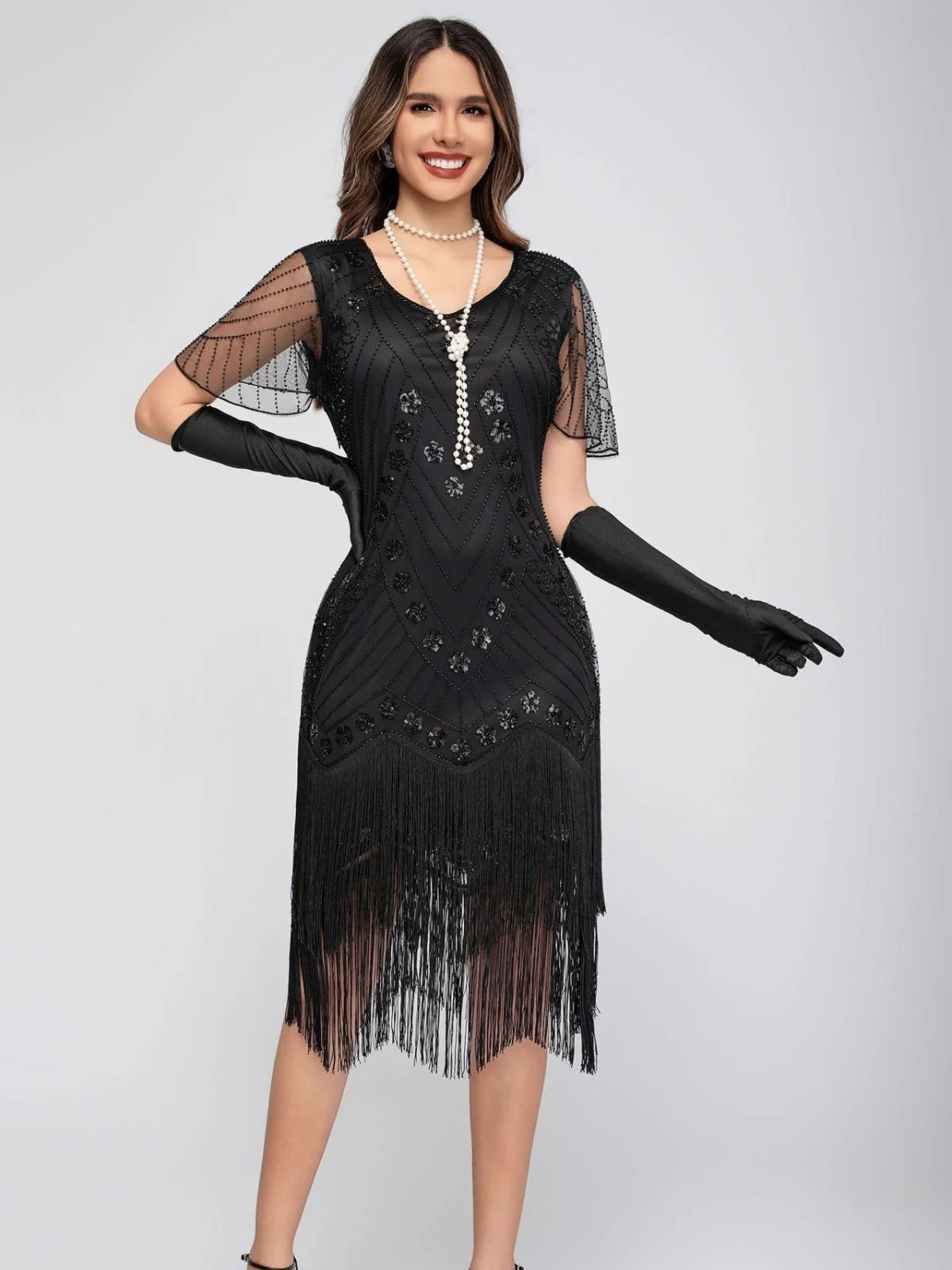 1920s Sequins Tassel Beading Cap Sleeve Dress - Image 3
