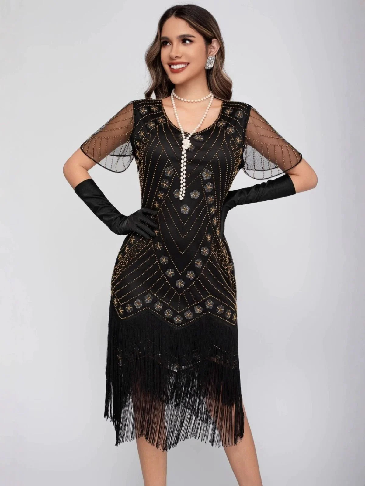 1920s Sequins Tassel Beading Cap Sleeve Dress - Image 4