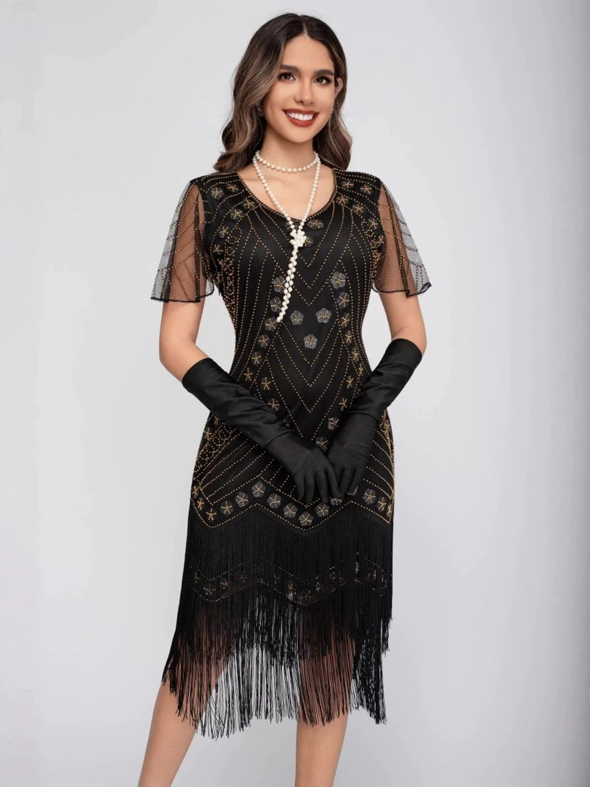 1920s Sequins Tassel Beading Cap Sleeve Dress - Image 5