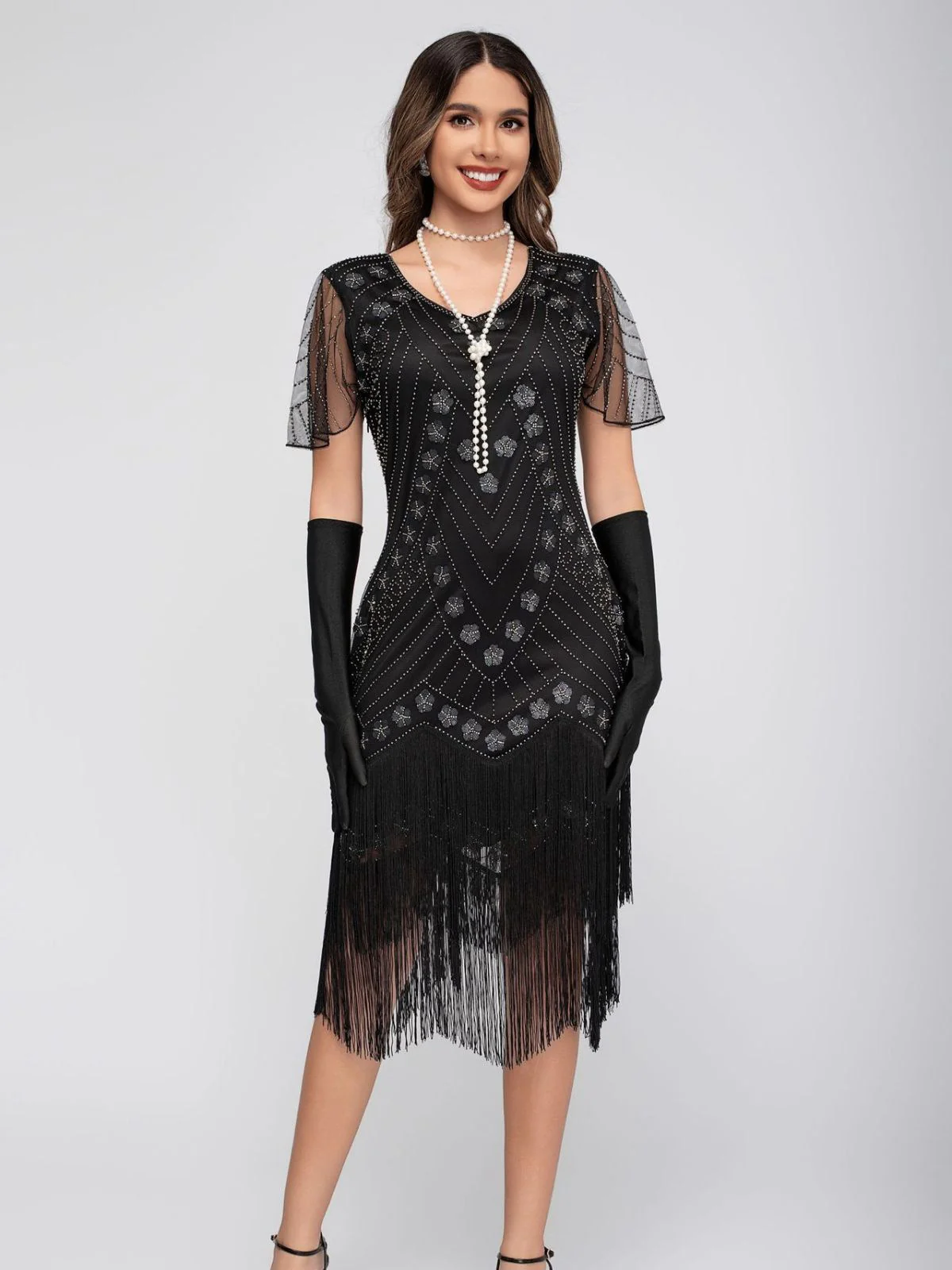 1920s Sequins Tassel Beading Cap Sleeve Dress - Image 6
