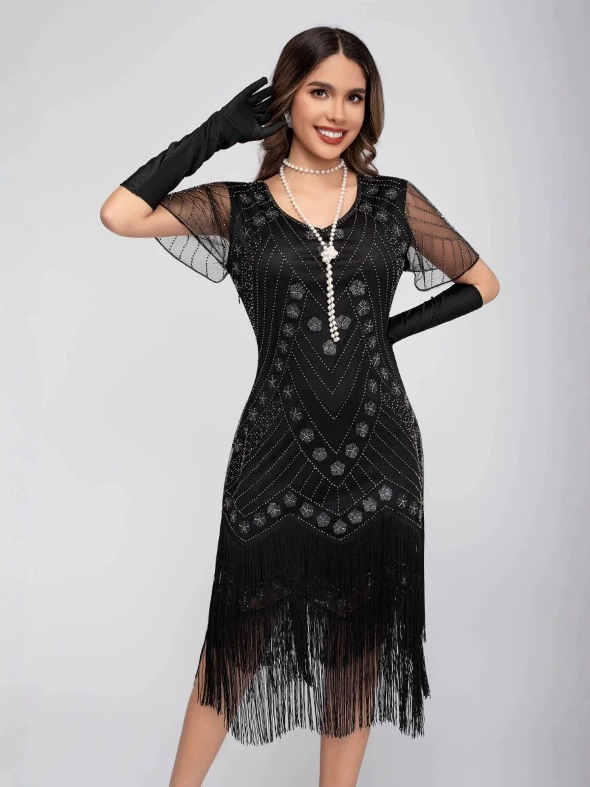 1920s Sequins Tassel Beading Cap Sleeve Dress - Image 7