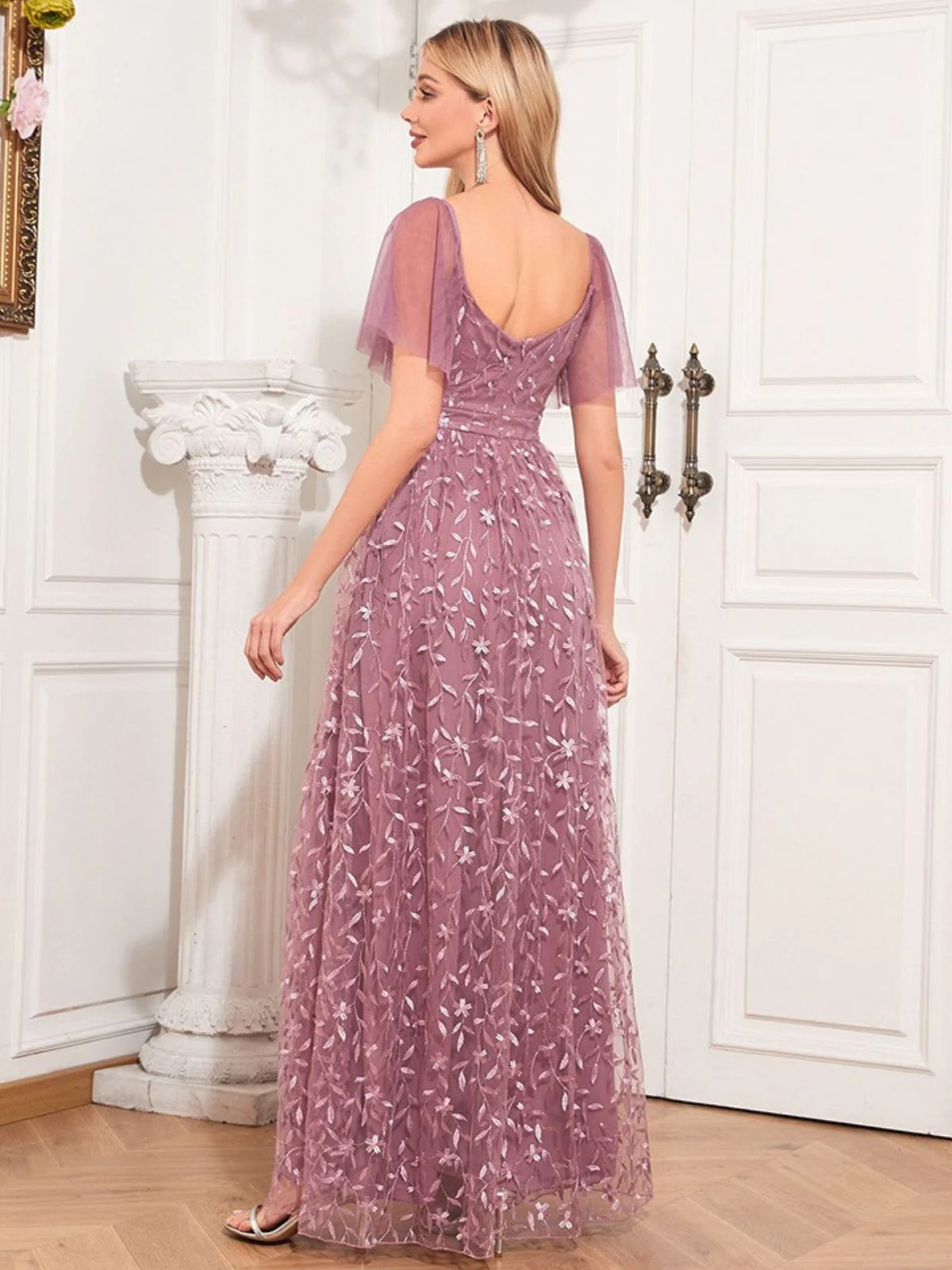 1920s Solid Sweetheart Neckline Embroidered Long Dress - Image 3