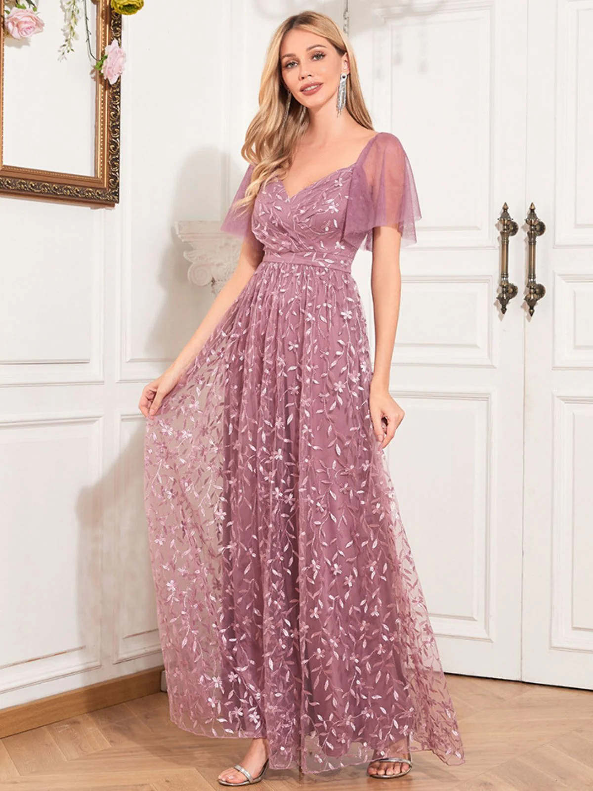 1920s Solid Sweetheart Neckline Embroidered Long Dress - Image 4