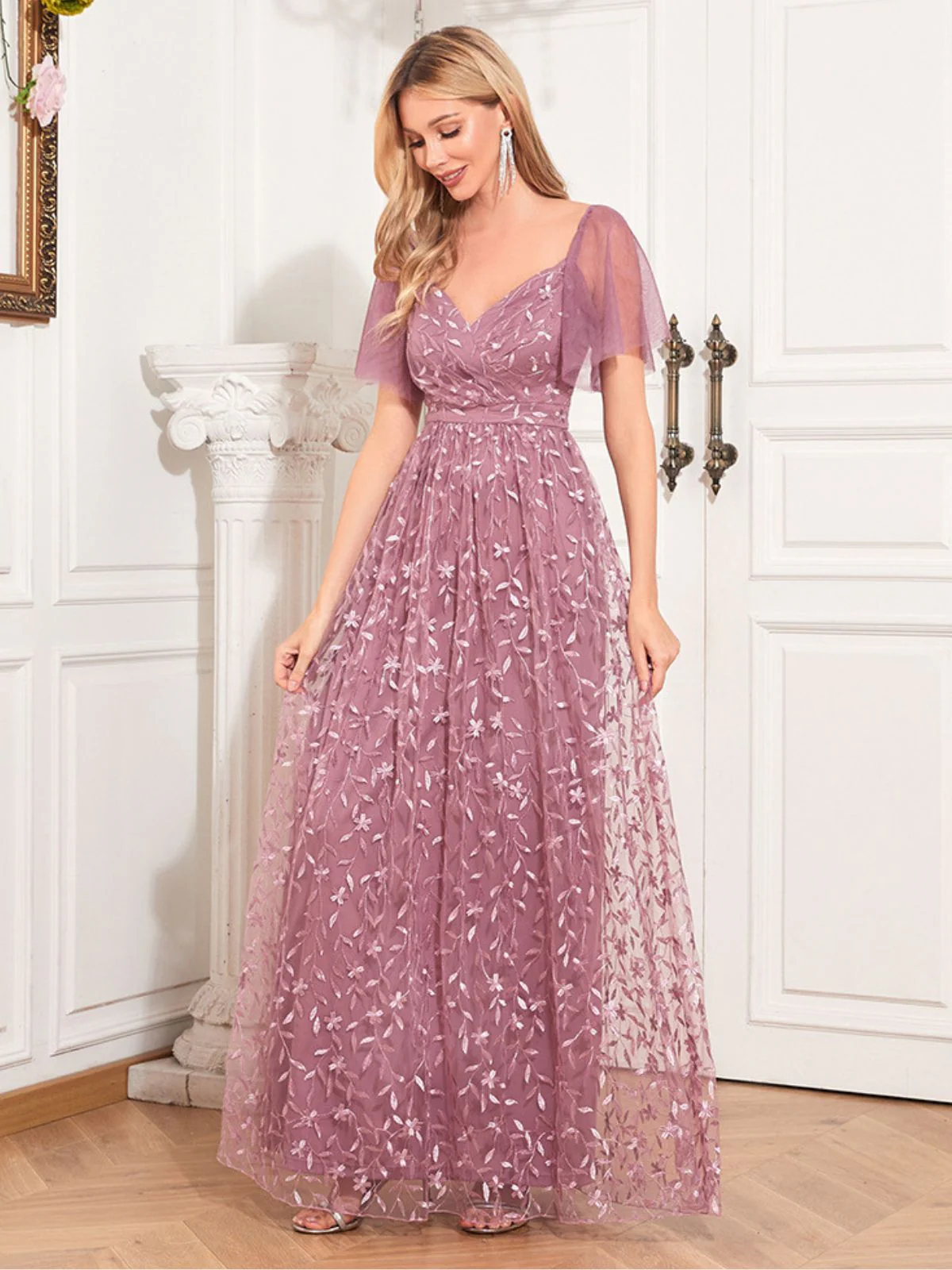 1920s Solid Sweetheart Neckline Embroidered Long Dress - Image 5