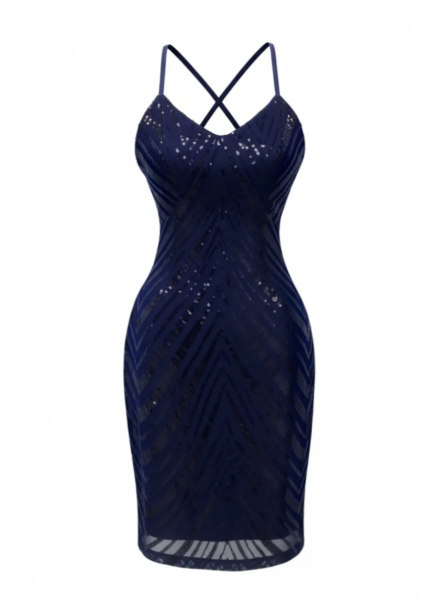 1920s Spaghetti Strap Sequin Chevron Backless Party Dress - Image 7