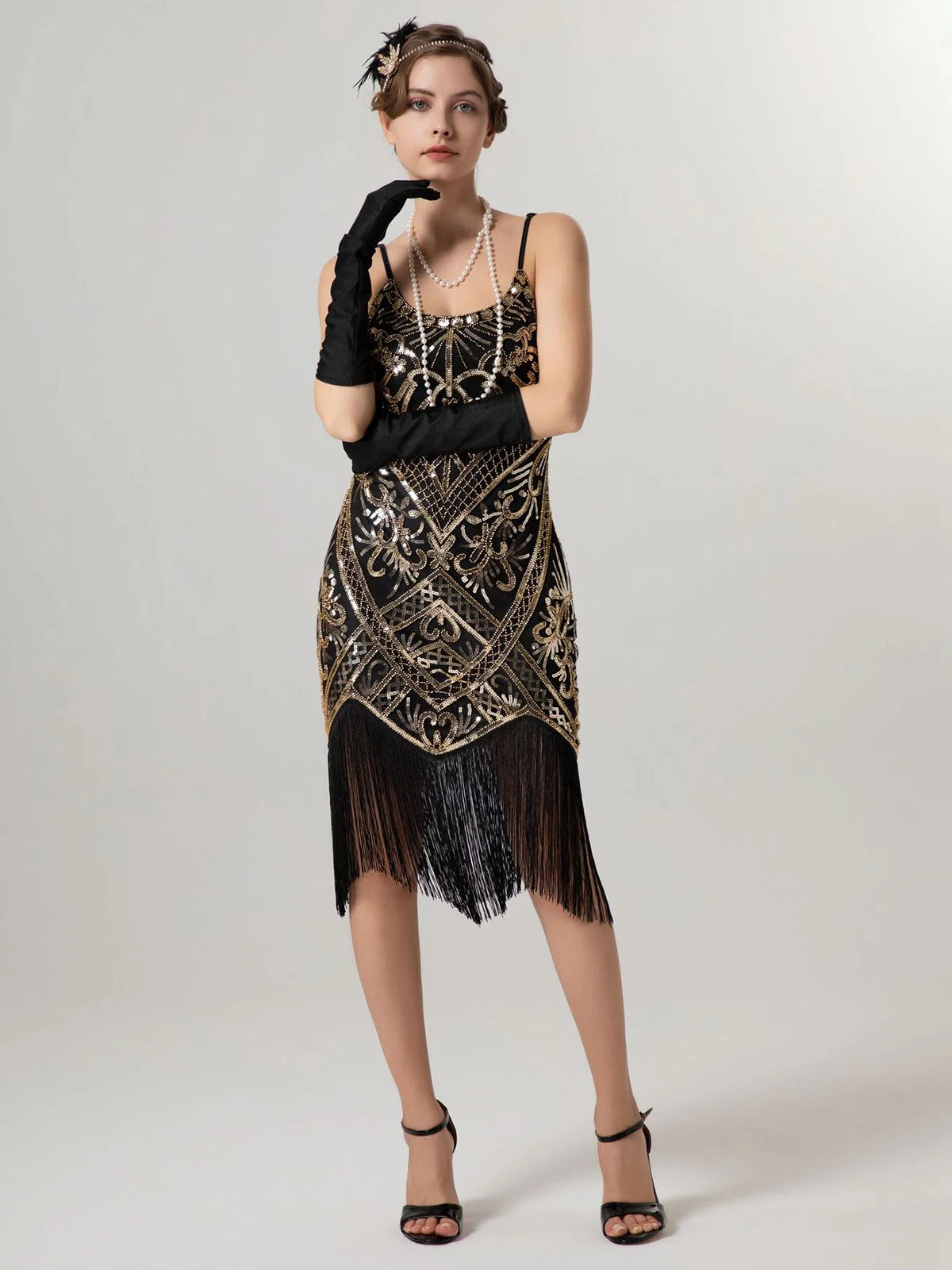 1920s Spaghetti Straps Sequined Tassel Flapper Dress - Image 2