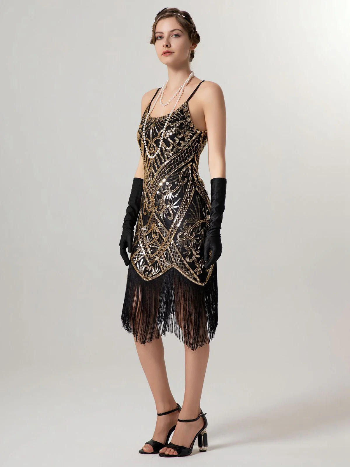 1920s Spaghetti Straps Sequined Tassel Flapper Dress - Image 3