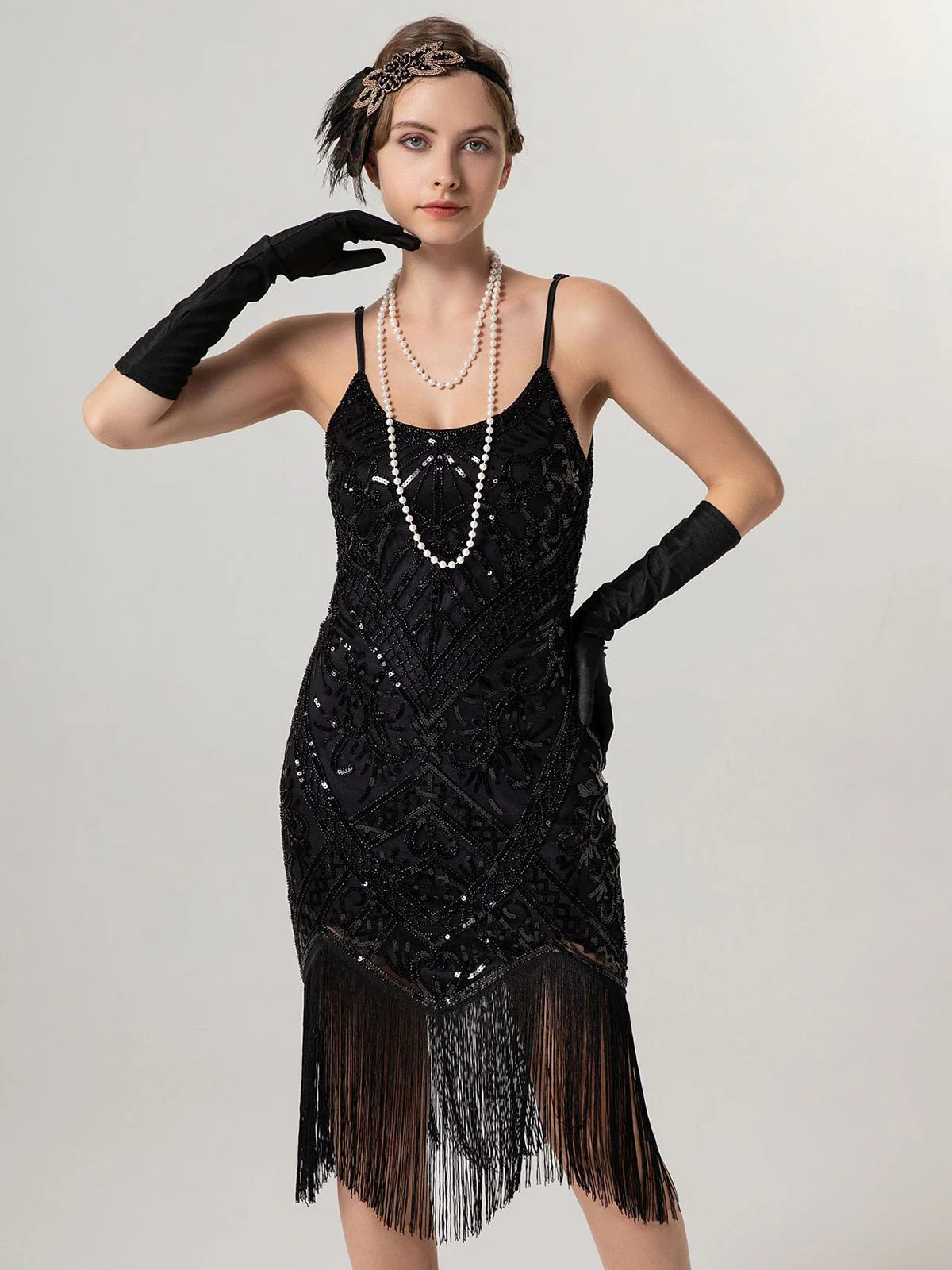 1920s Spaghetti Straps Sequined Tassel Flapper Dress - Image 5
