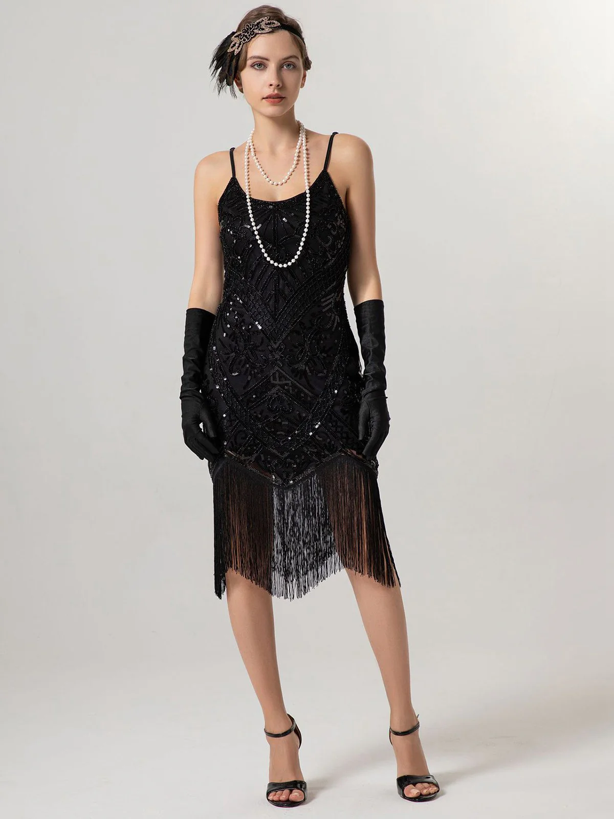 1920s Spaghetti Straps Sequined Tassel Flapper Dress - Image 6