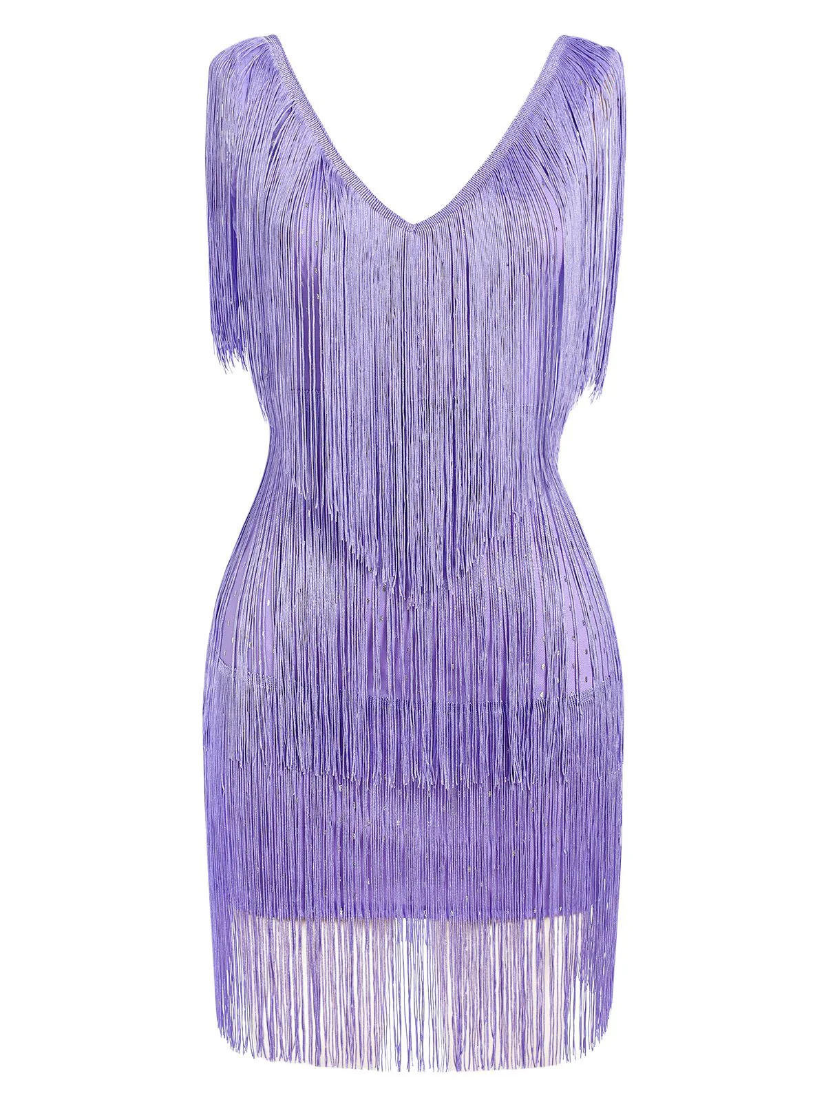 1920s V-Neck Fringe Solid Sleeveless Dress - Image 2