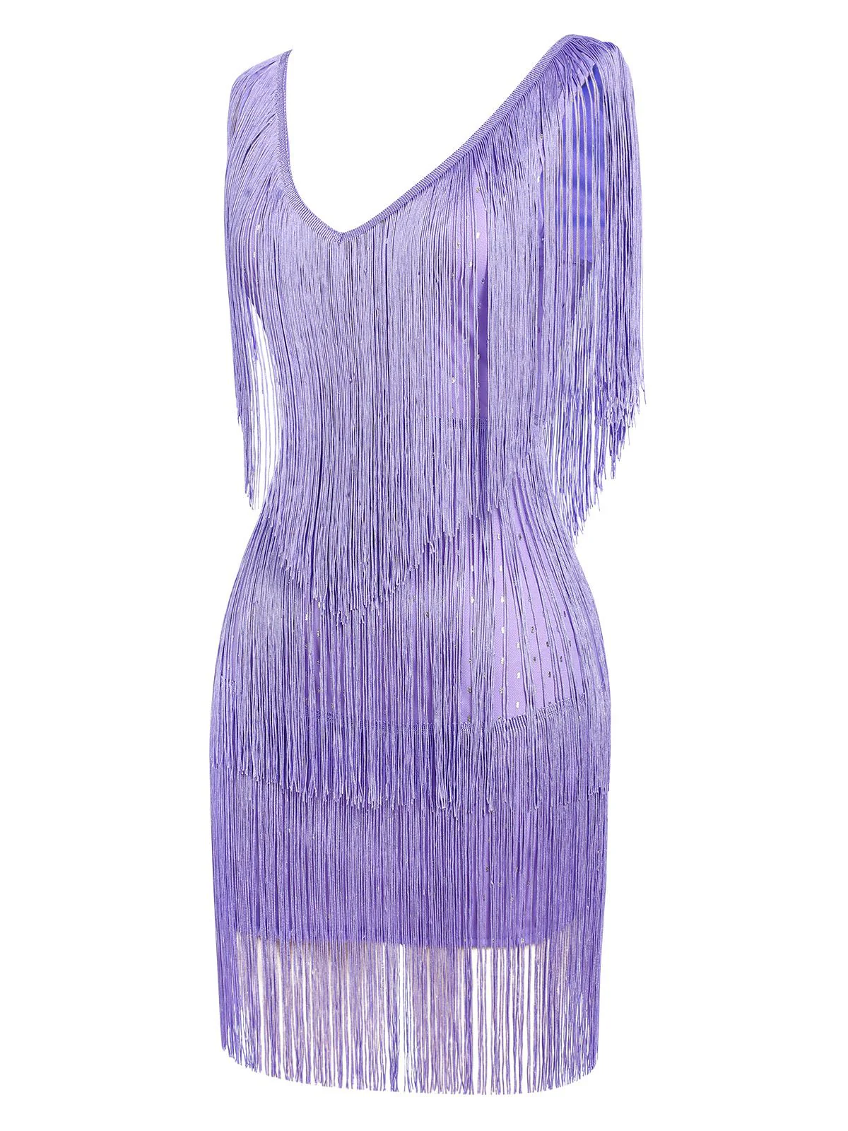 1920s V-Neck Fringe Solid Sleeveless Dress - Image 3