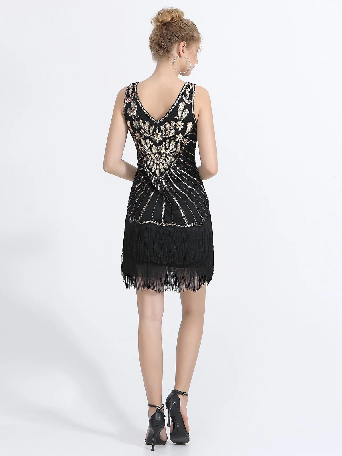 1920s V-Neck Plants Tassel Sequined Dress - Image 3