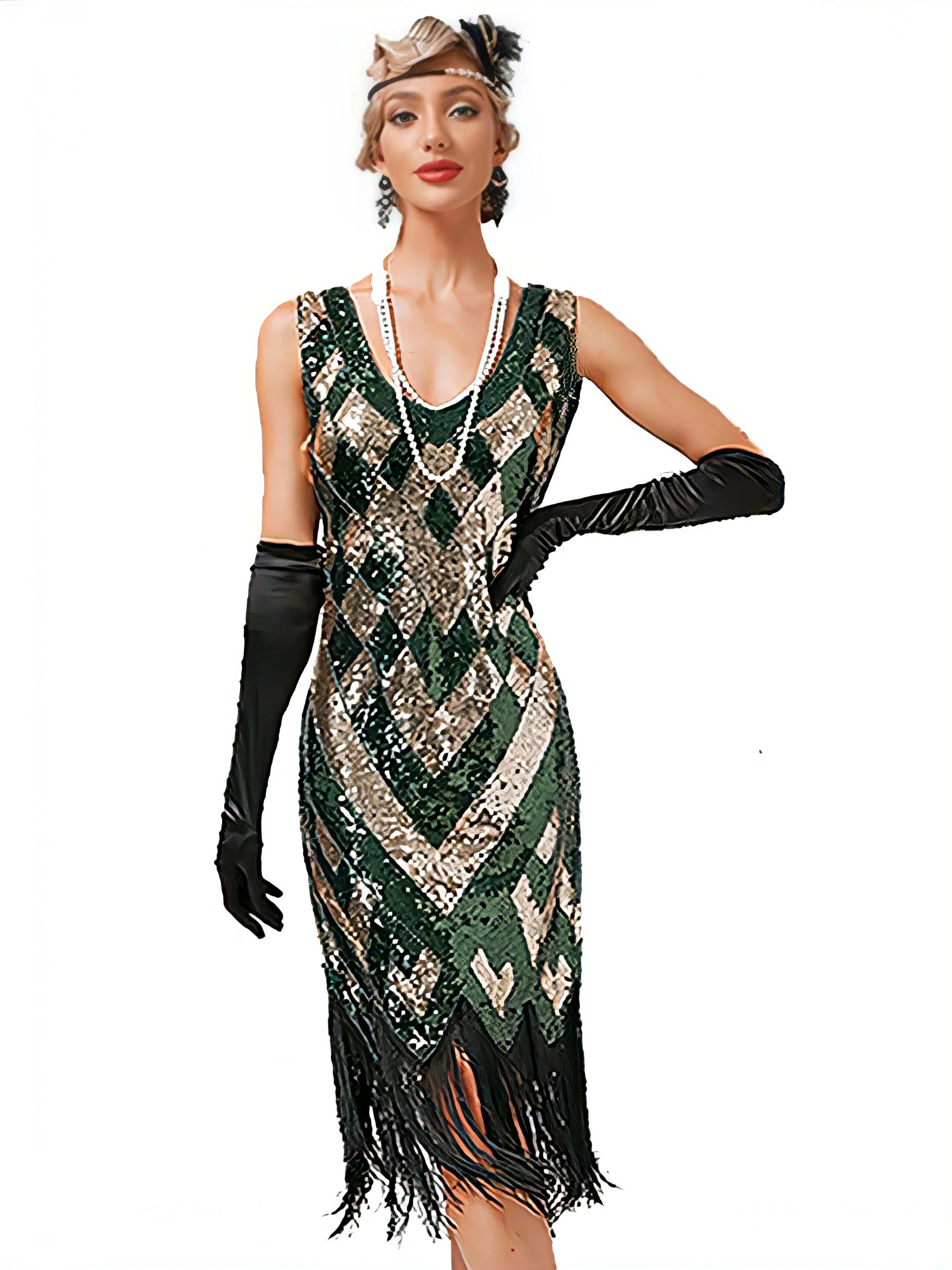 1920s V-Neck Sequined Fringe Evening Dress - Image 3
