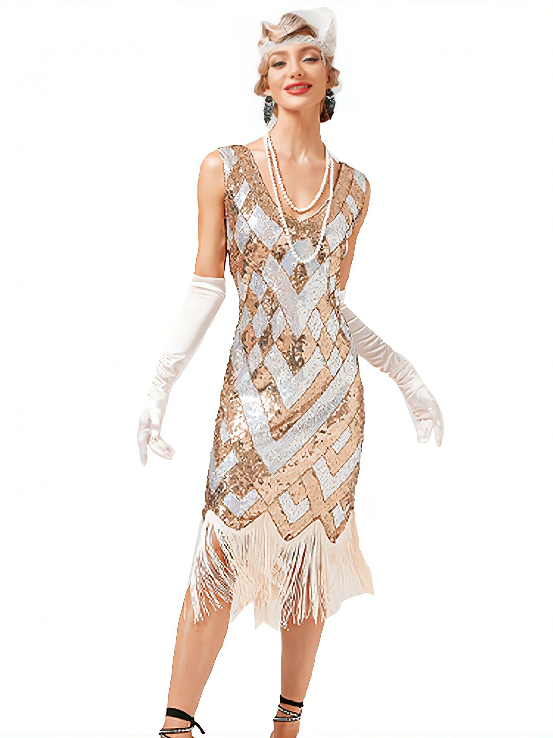 1920s V-Neck Sequined Fringe Evening Dress - Image 4